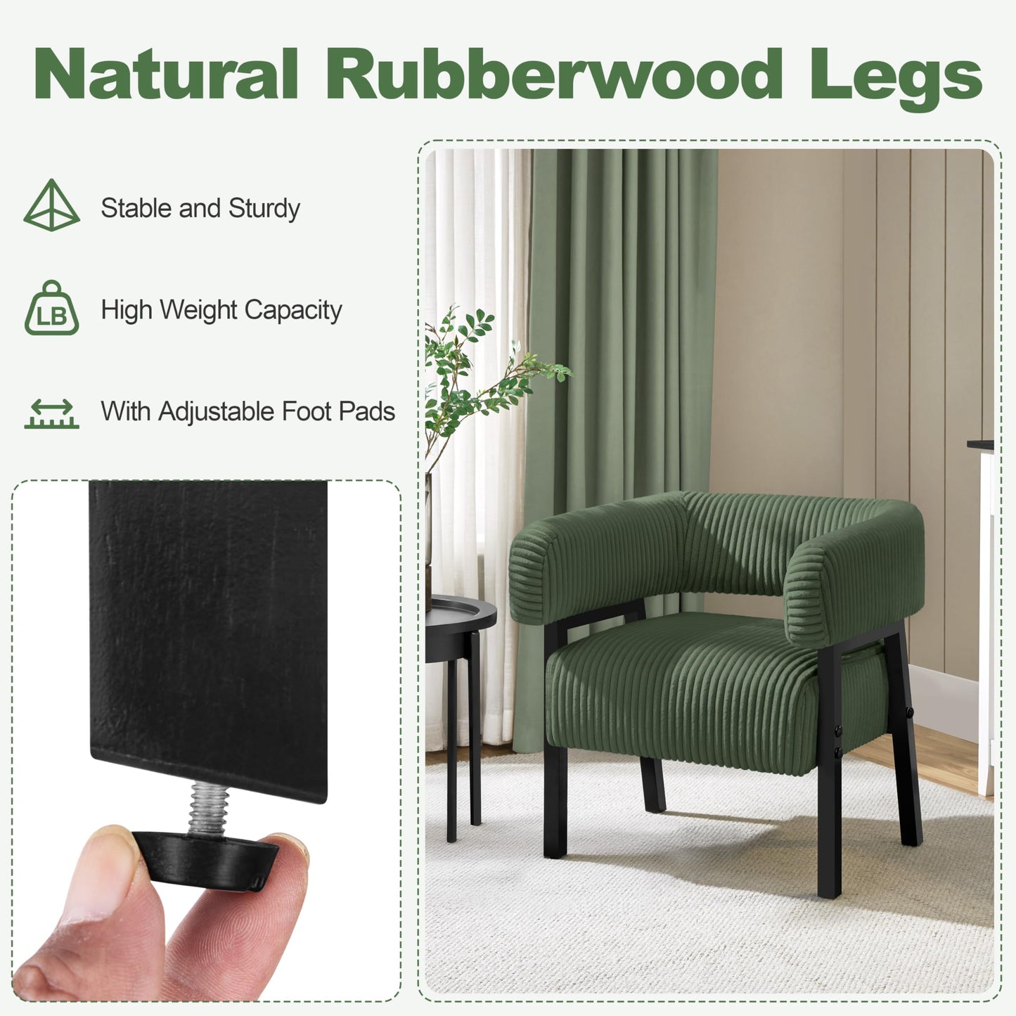 Yaheetech Corduroy Barrel Accent Chair Set of 2, Modern Upholstered Armchair with Solid Wood Legs, Cozy Leisure Chair with Pocket Coiled Seat for Living Room, Bedroom, Reading Nook Dark Green