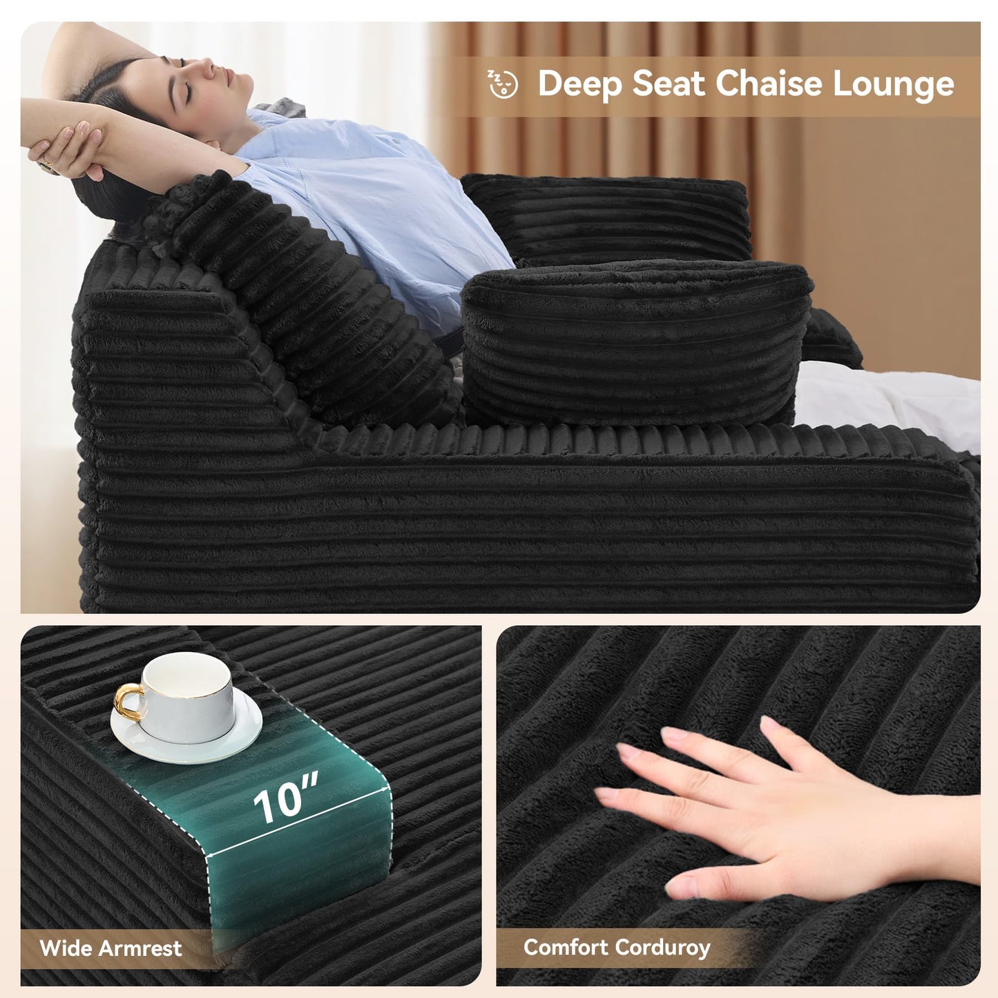 51'' Oversized Chaise Lounge Chair Indoor, Non-Assembly Deep Seat Sofa Bed Corduroy Sleeper Cloud Couch with 2pcs Pillows for Reading Living Room-Black