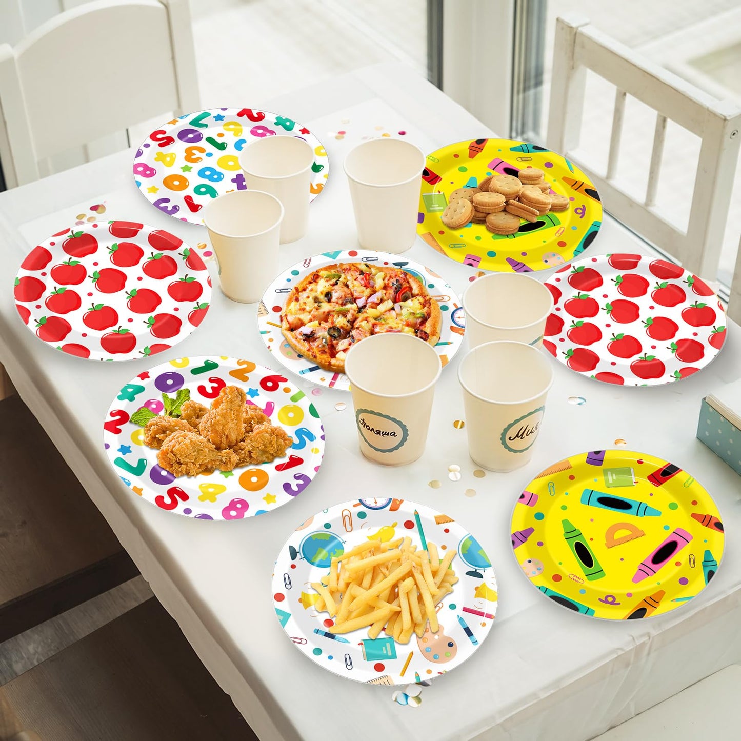 60Pcs Back to School Paper Plates School Theme Apple Number Book Pencil Crayons Disposable Tableware for First and Last Day of School Preschool Kindergarten Graduation Party Supplies Table Decorations