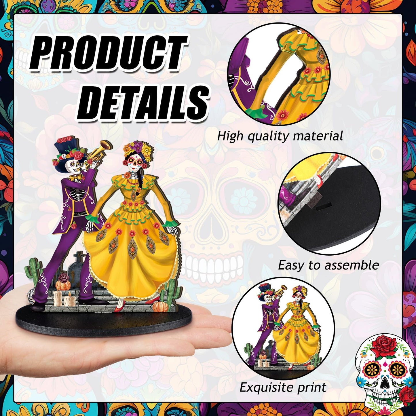 Wesiti 12 Pcs Day of The Dead Table Decorations Wooden Mexican Dia De Los Muertos Altar Centerpiece Halloween Sugar Skull Table Topper Decor Skeleton for Mexican Fiesta Tiered Tray Decor Party Favor