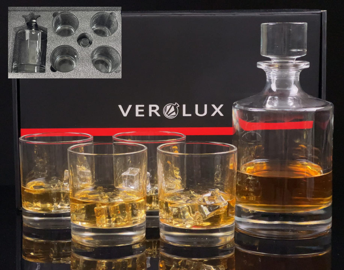 Whiskey Decanter Set with 4 Glasses in Gift Box by Verolux, Gifts for Men and Women, Classic Design with Glass Stopper 31Oz - Scotch, Liquor, Whisky, Bourbon, Gin, Rum, Tequila, Vodka and Brandy