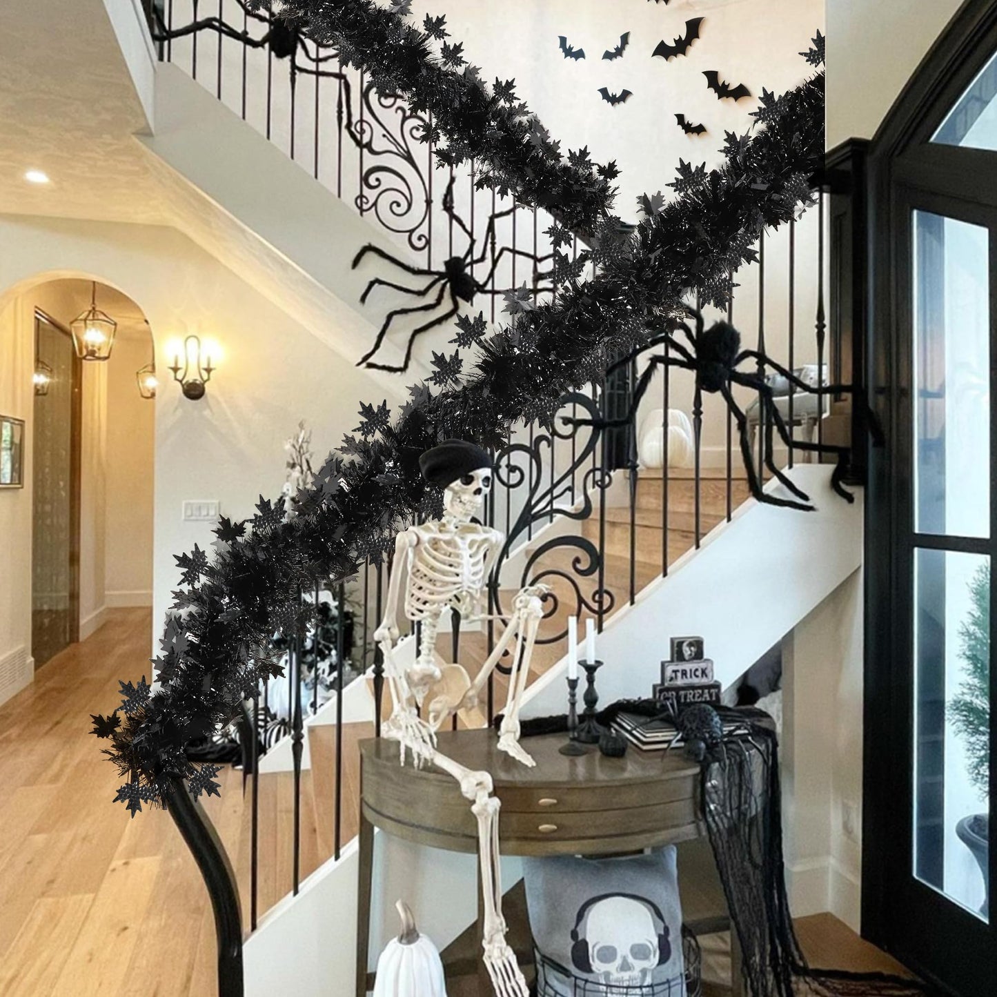 50FT Halloween Tinsel Garland Decorations, Black Shiny Metallic Streamer Garland with Maple Leaves for Home Tree Mantle Indoor Outdoor Halloween Party Supplies