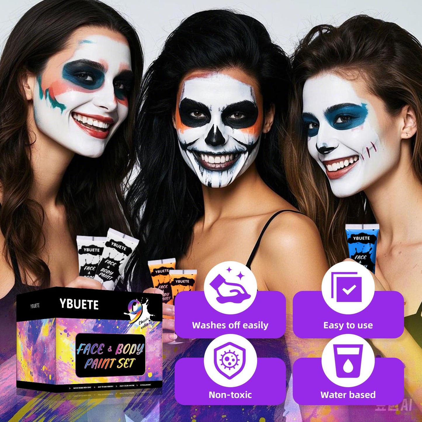 YBUETE 9 Colors Face Body Paint Set, Professional Paint Set for Halloween Cosplay Costume Party, Full-coverage Multi-Color Cream Makeup Blendable Set for Adults Halloween Cosplay SFX Makeup Paint
