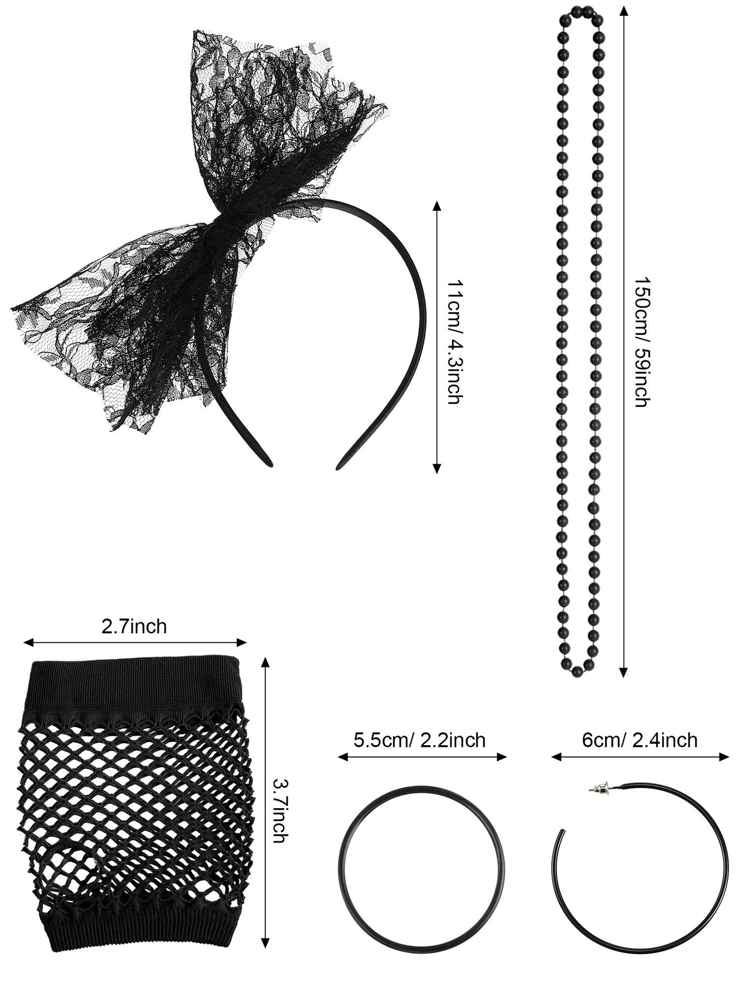 80s Fancy Dress Costume Accessories Lace Headband Earrings Fishnet Gloves Necklace Bracelet for 80s Retro Party (Black)
