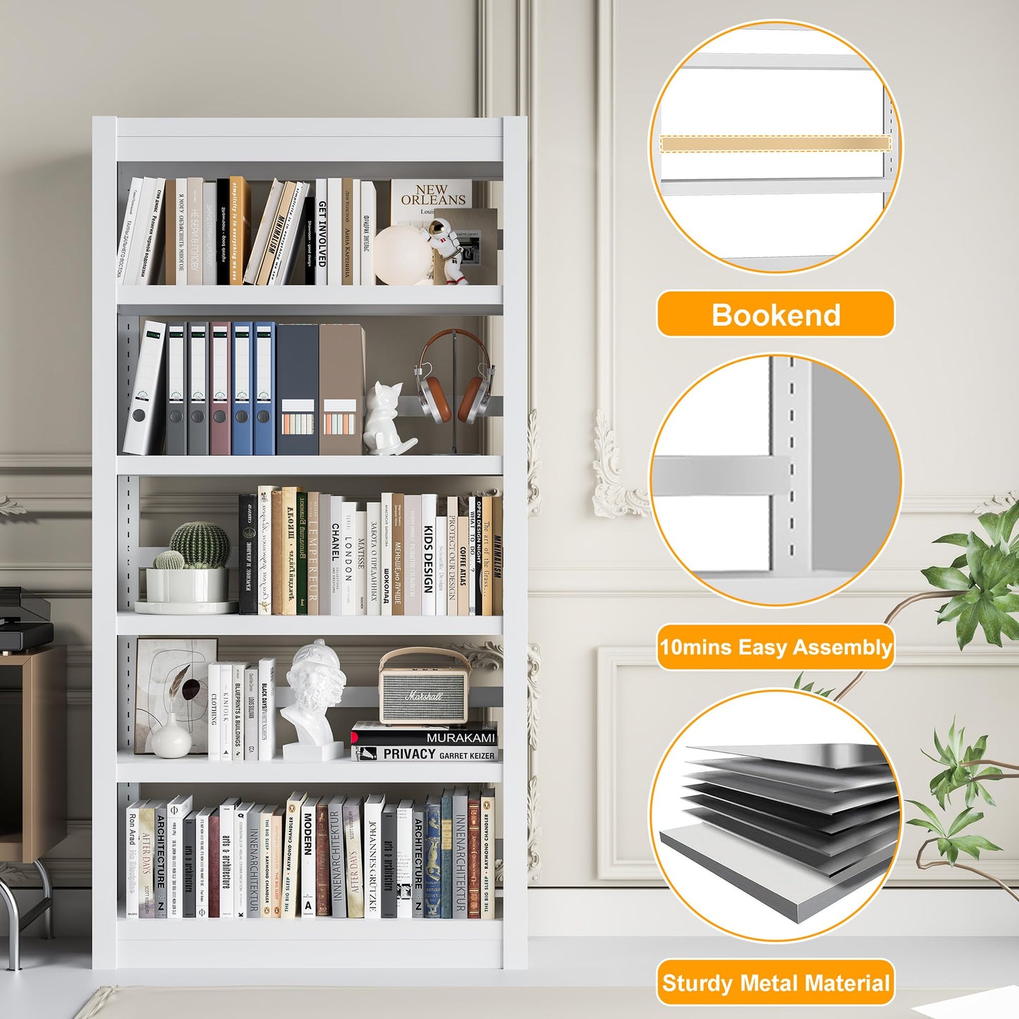 White Bookshelf, Adjustable 5 Tier Bookshelf, 69" H Modern Tall Bookcase, Metal Industrial Bookshelves and Bookcases for Living Rooms, Home Offices, Library, 10 Minutes Assemble