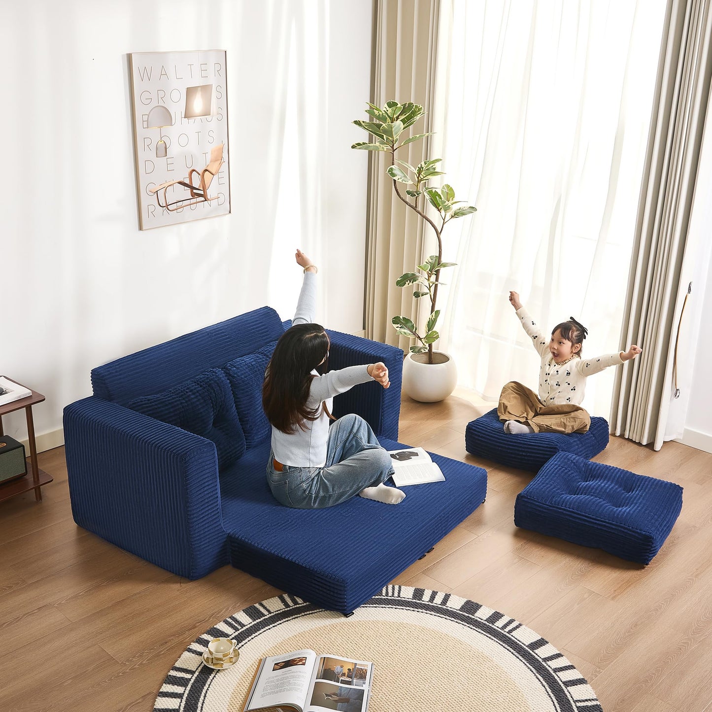 Afuson 61" Convertible Sofa Bed, Pull Out Loveseat Sleeper Sofa, 3 in 1 Folding Futon Bed, Fold Out Floor Bed Sofa with Pillows for Living Room Bedroom Lounge Guest Room, Corduroy, Blue