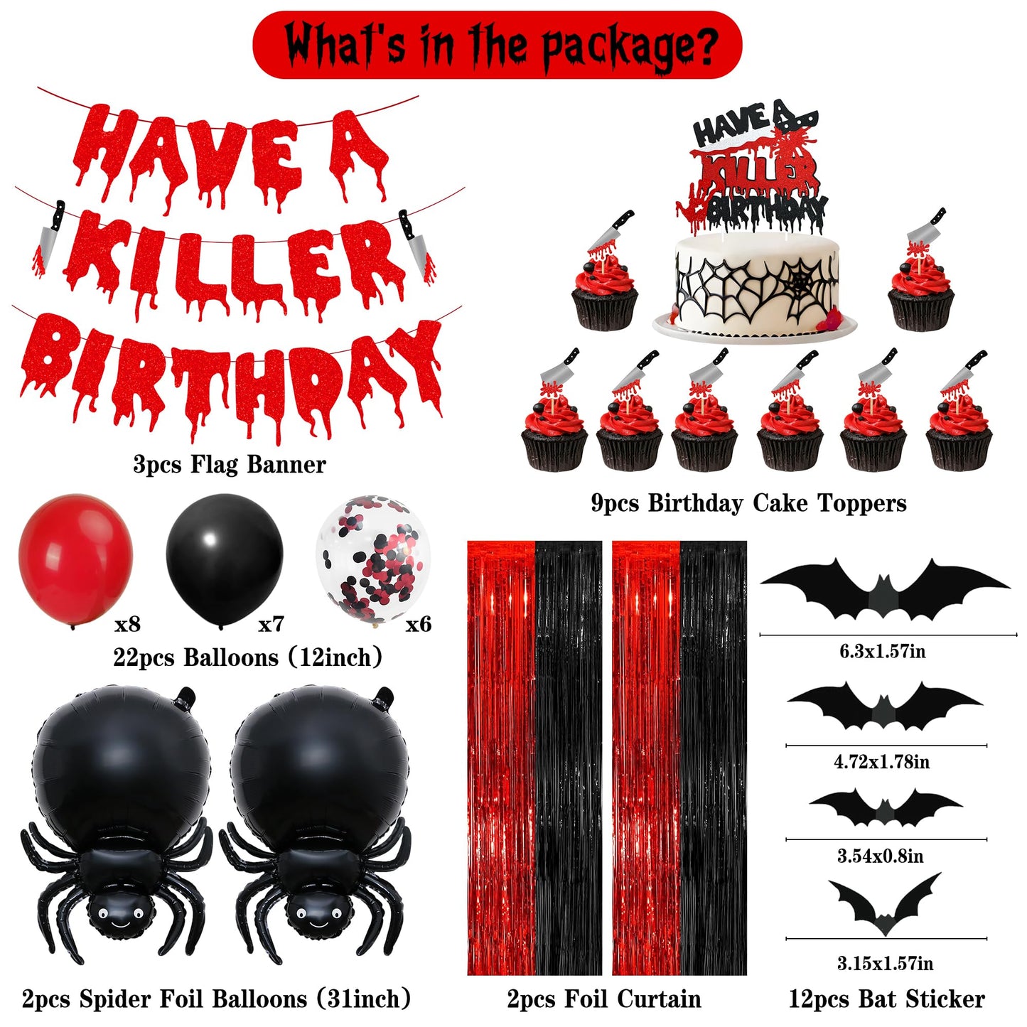 Vlipoeasn Have a Killer Birthday Decorations, Black Red Halloween Birthday Glitter Banner, Balloons, Blood Knife Cake Toppers for Halloween Decorations Supplies, Horror Backdrop Party Decor