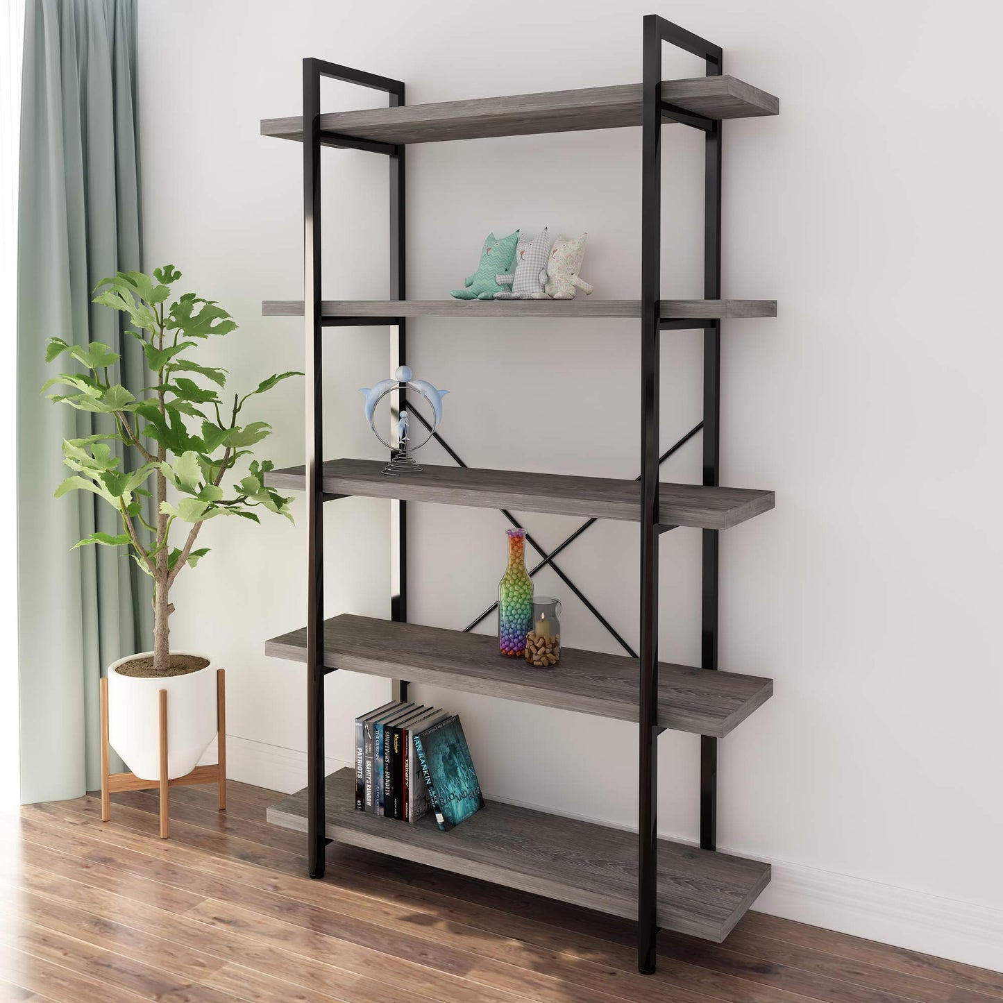 45MinST 5-Tier Vintage Industrial Style Bookcase/Metal and Wood Bookshelf Furniture for Collection, Gray Oak, 3/4/5 Tier (5-Tier)