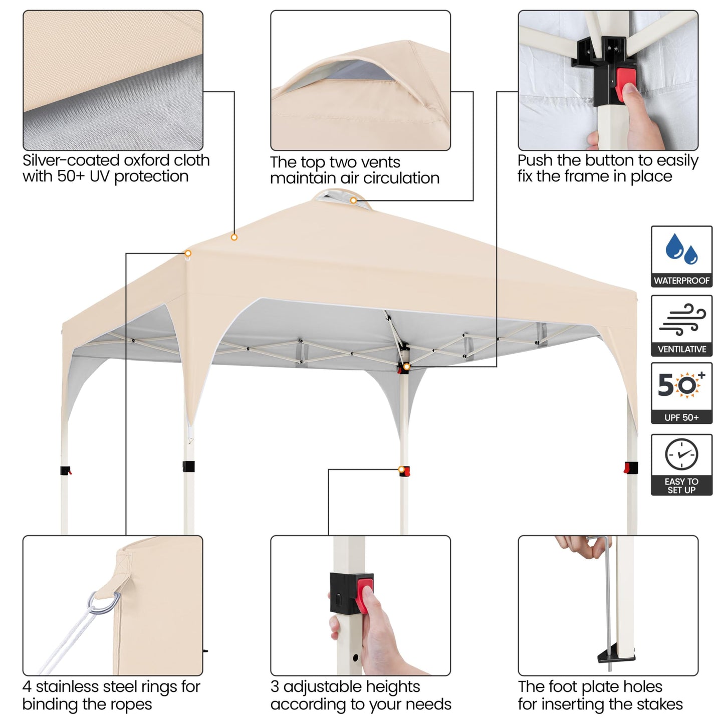 Yaheetech 10x10 Pop Up Canopy Tent with Vent, Easy Set Up Tent, Instant Sun Shelter Canopy with Wheeled Bag, 4 Sandbags, 12 Stakes & 4 Ropes, for Parties, Beach, Outdoor, Beige