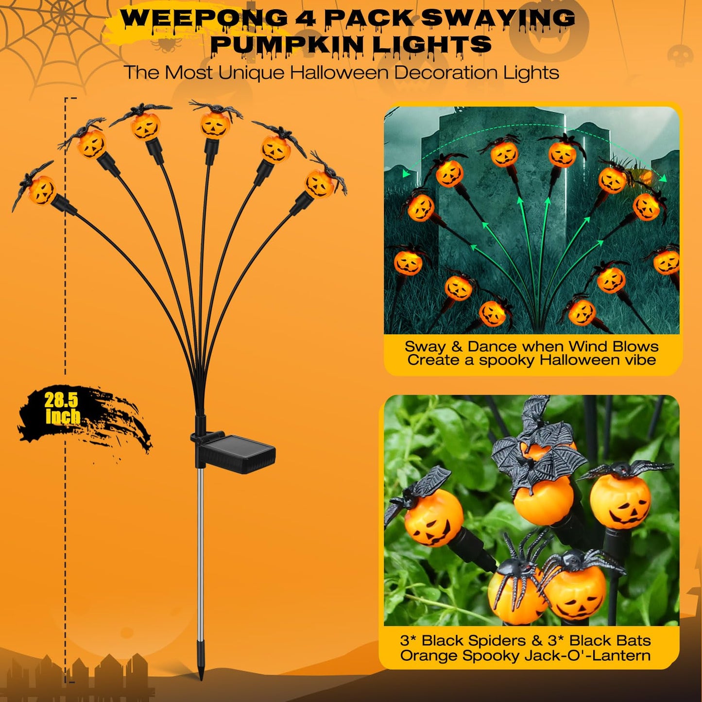 Weepong Halloween Decorations Outdoor 4 Pack Solar Lights, 24 LED Scary Pumpkin Swaying Firefly Lights with Spider & Bats for Outside Garden Yard Lawn Grave Cemetery Ghost Decor Party, Orange