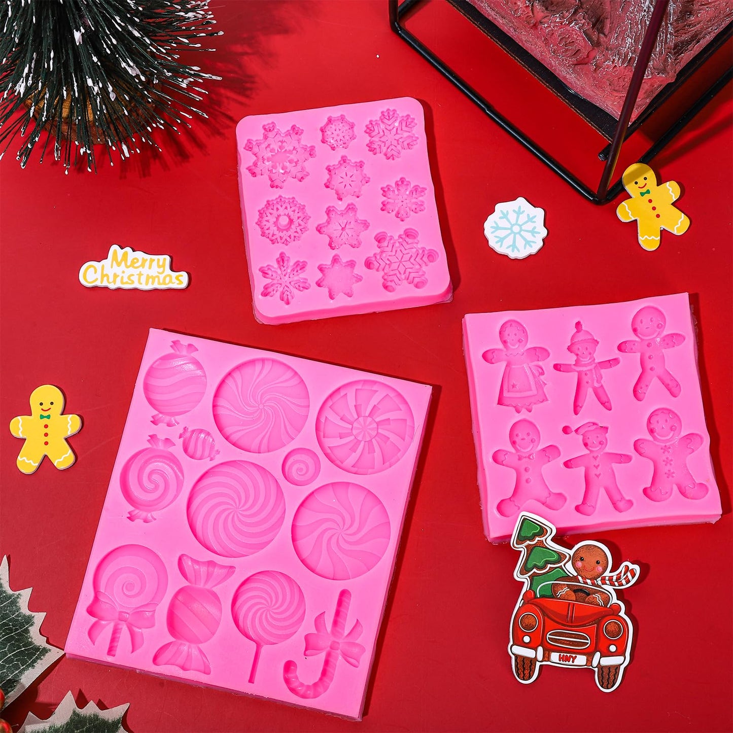 Whaline 3Pcs Christmas Candy Fondant Mold Pink Gingerbread Man Snowflake Silicone Mold Assorted Chocolate Candy Mould for Xmas Winter Party Cupcake Sugar Craft Gum Resin Clay