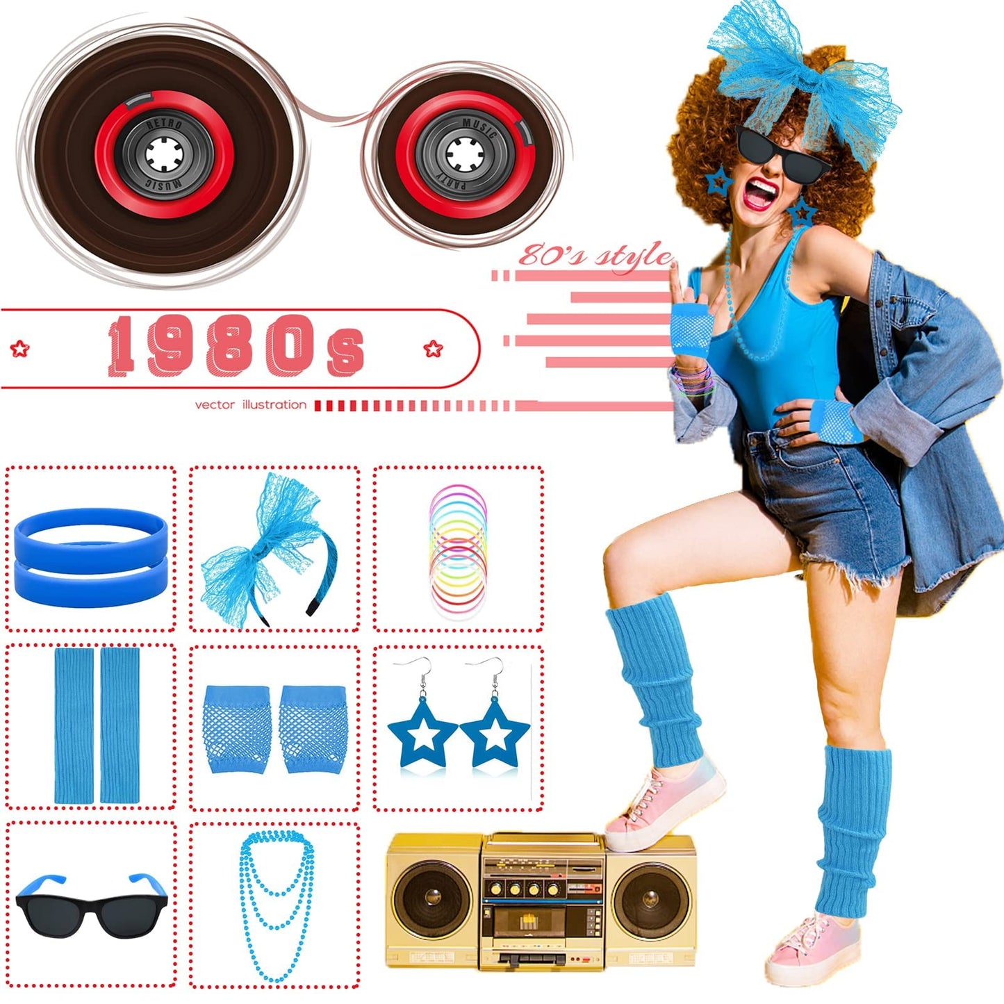 80s Fancy Dress Costumes Accessories, 1980s Fancy Style Dresses Party Sets & Kits for Women, Neon Leg Warmers Necklaces Bracelet Fishnet Gloves Lace Bow Headband Earrings Sunglasses-Blue