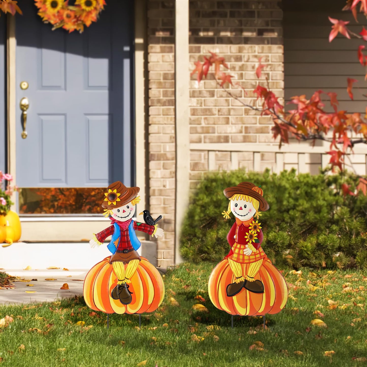 2 Pcs Fall Yard Signs Scarecrow Decorations Outdoor, 30"H Metal Thanksgiving Fall Yard Stakes Scarecrow Lawn Decor, Fall Garden Stakes for Patio Pathway Autumn Harvest Outside Decorations (Sitting)
