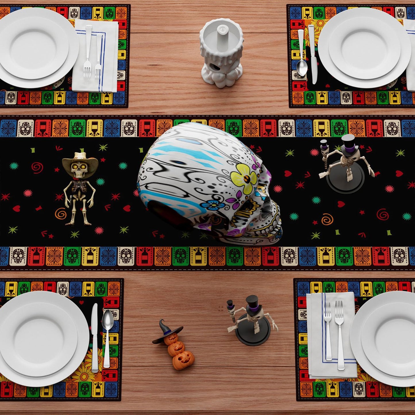XCHI Sugar Skull Marigolds Floral Dia De Los Muertos Table Runner Candles Day of The Dead Mexican Table Decoration for Home Kitchen Dining Holiday Fiesta Themed Party Decor 13x72 Inch