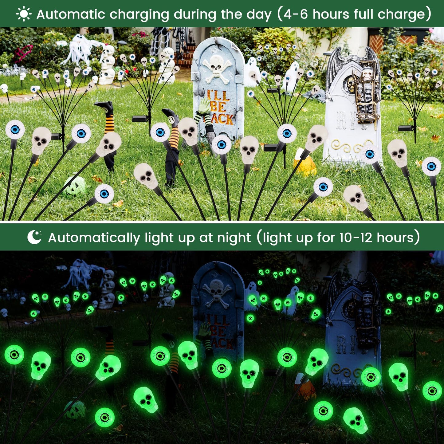 FENSAN Solar Halloween Lights Outdoor,Halloween Decorations Outdoor, Scary Halloween Eyeball Lights,4PACKS 32LED,IP65 Waterproof,Halloween Decor for Garden/Yard/Patio/Lawn/Pathway(Green)