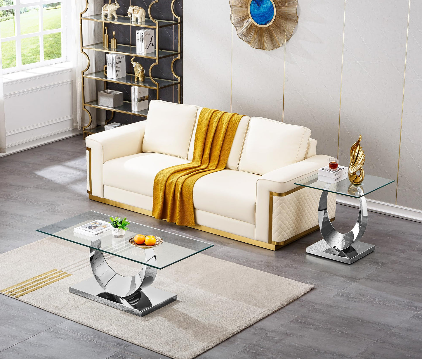 3 Pieces Luxury Silver Living Room Table Set, Modern Glass Coffee Table Set of 3, Rectangle Center Table and 2 End Tables with Moon-Shaped Stainless Steel Base for Living Room Apartment