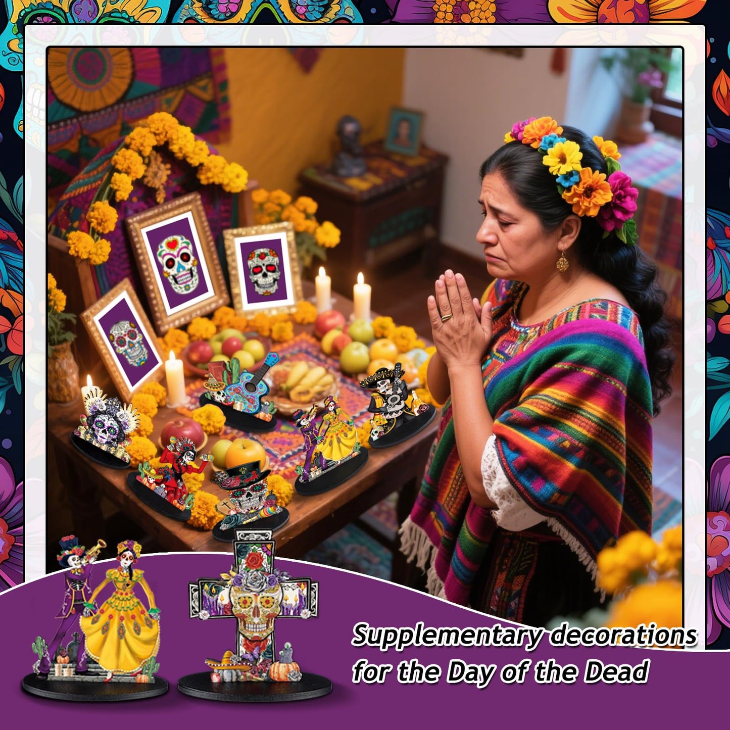 Wesiti 12 Pcs Day of The Dead Table Decorations Wooden Mexican Dia De Los Muertos Altar Centerpiece Halloween Sugar Skull Table Topper Decor Skeleton for Mexican Fiesta Tiered Tray Decor Party Favor
