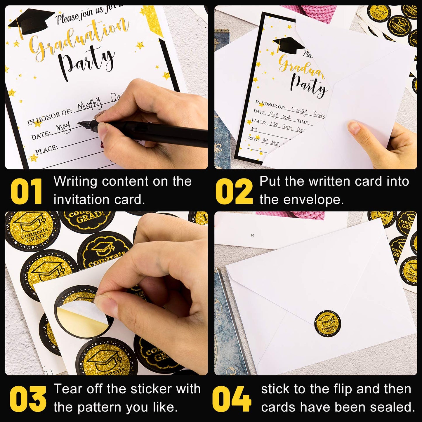 Whaline 35 Set Graduation Party Invitations with Envelopes and Grad Stickers Graduation Announcements Black Gold Invite Cards for College High School University Grad Celebration Party