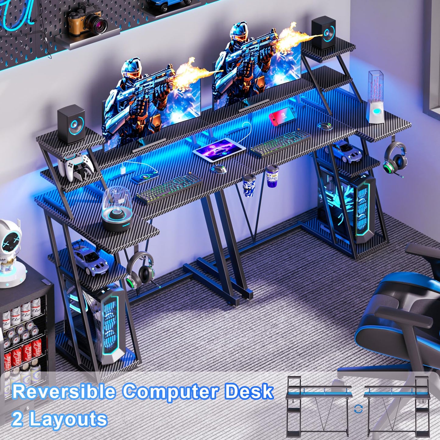 40 Inch Gaming Desk with LED Lights & Power Outlet, Small Gaming Computer Desk with Storage Shelves, L Shaped Gamer Workstations with Monitor Stand for Bedroom, Carbon Fiber Black
