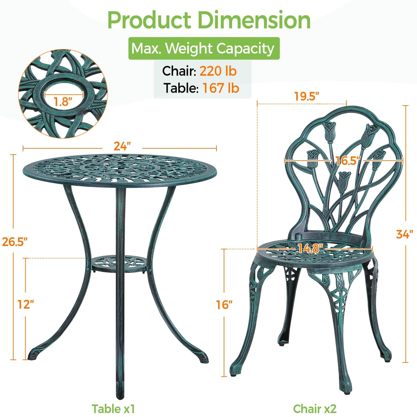 Yaheetech Patio Bistro Sets 3 Piece Cast Aluminum Bistro Table and Chairs Set, Cast Aluminum Bistro Table and Chairs Set of 2 with Umbrella Hole for Patio Backyard Balcony, Green