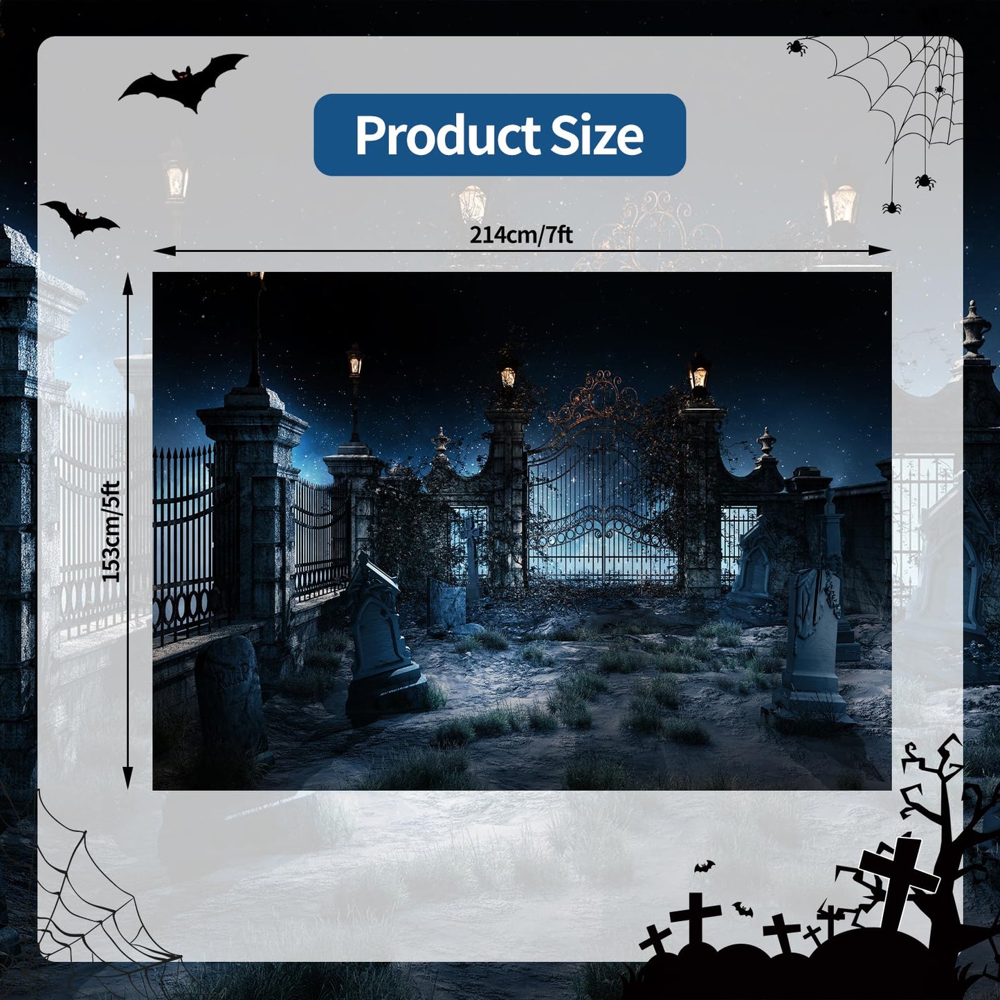 7 x 5 FT Halloween Graveyard Backdrop - Large Eerie Night Scene, Creepy Cemetery Gravestones Design Wall Hanging Background, Spooky Photography Photo Booth Props for Indoor Outdoor Party Decorations