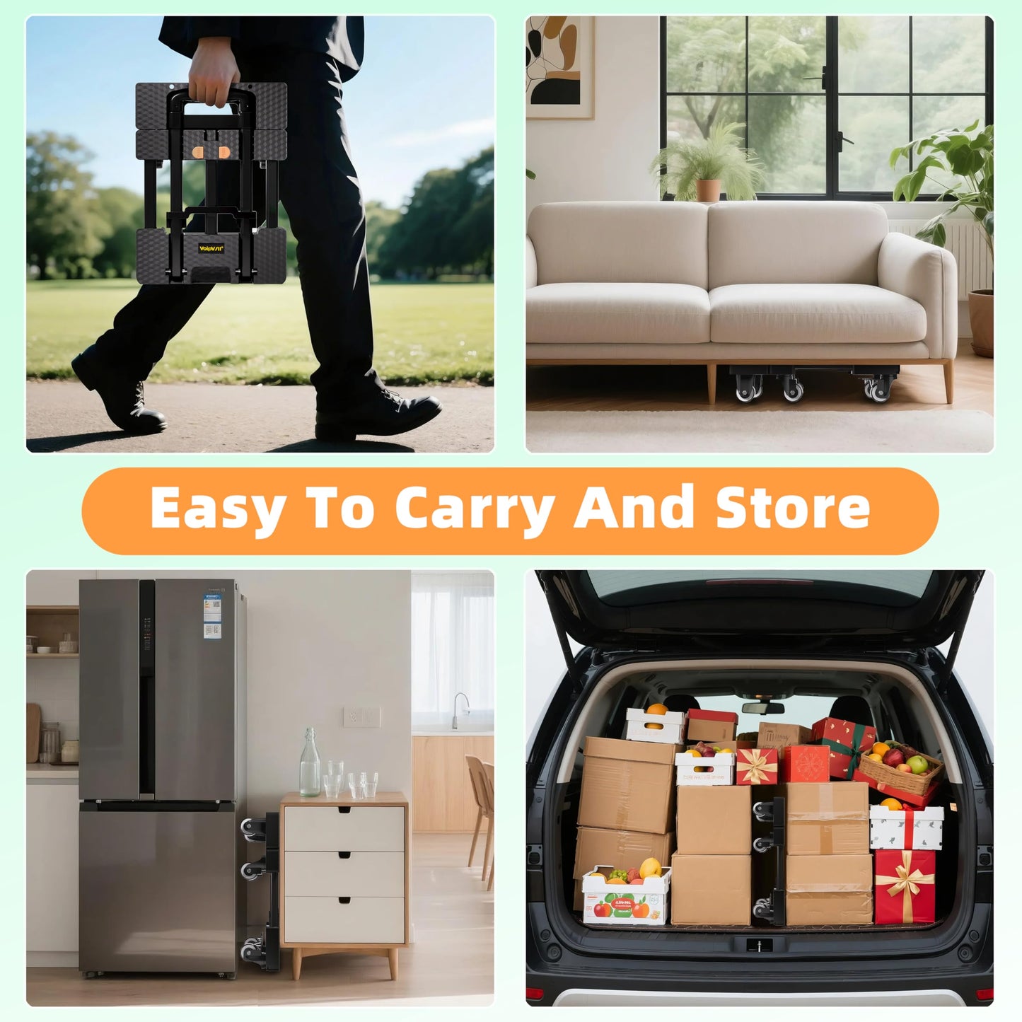 Voipvvii Folding Hand Truck 500lbs Heavy Duty Portable - 6 Wheels Collapsible Design with 2 Elastic Ropes, Lightweight 6.5lbs for Travel, Moving & Storage
