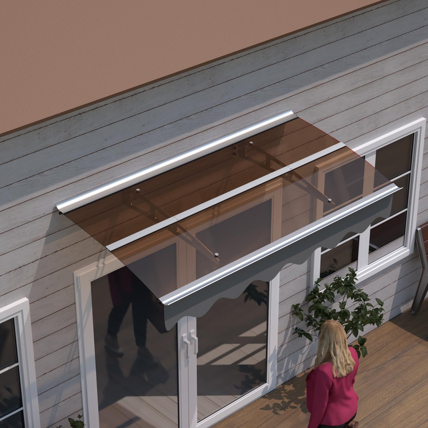 59"x34" Awning for Door Entrance, Solid Polycarbonate Window Door Awnings Exterior with Aluminum Brackets and Valance, Entry Door Awning Canopy for for Wooden Wall House, Brown