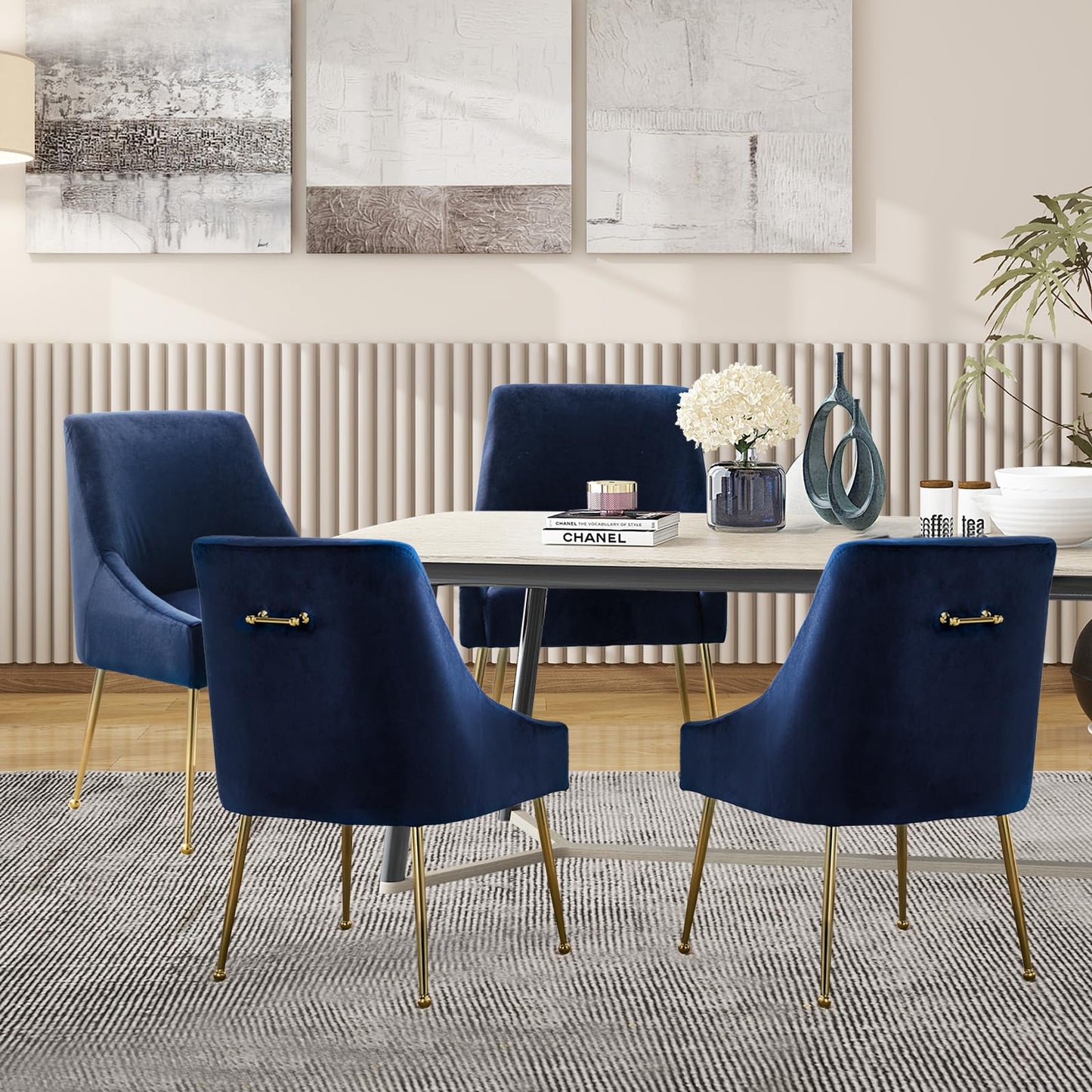 XINHE Dining Chairs Set of 2, Modern Velvet Fabric Upholstered Kitchen Chair with Metal Handle, Thick Cushion (Blue)