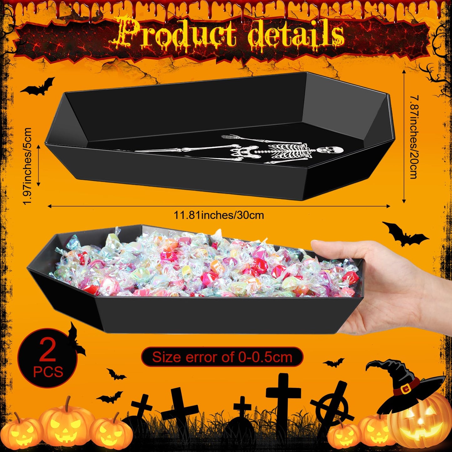 Wiwiqing 2 Pcs Halloween Candy Bowl Plastic Coffin Shaped Serving Tray Spooky Serving Dish Trick or Treat Candy Platter for Halloween Party Food Storage Charcuterie Board Serving Supplies (Skull)