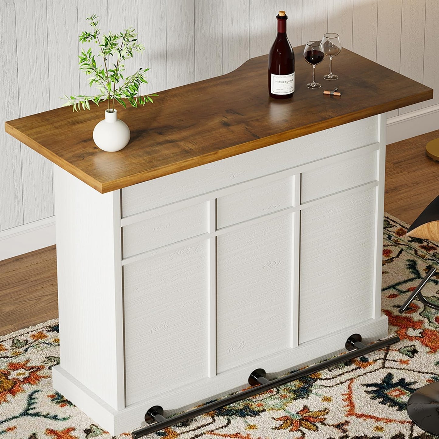 52 Inch Large Home Bar Unit with Foot Rail, 4-Tier Storage Bar Table with 3 Drawers, Farmhouse Wine Bar Cabinet with 9 Wine Rack & 2 Barn Doors, Home Bar Unit with Storage for Living Room, White