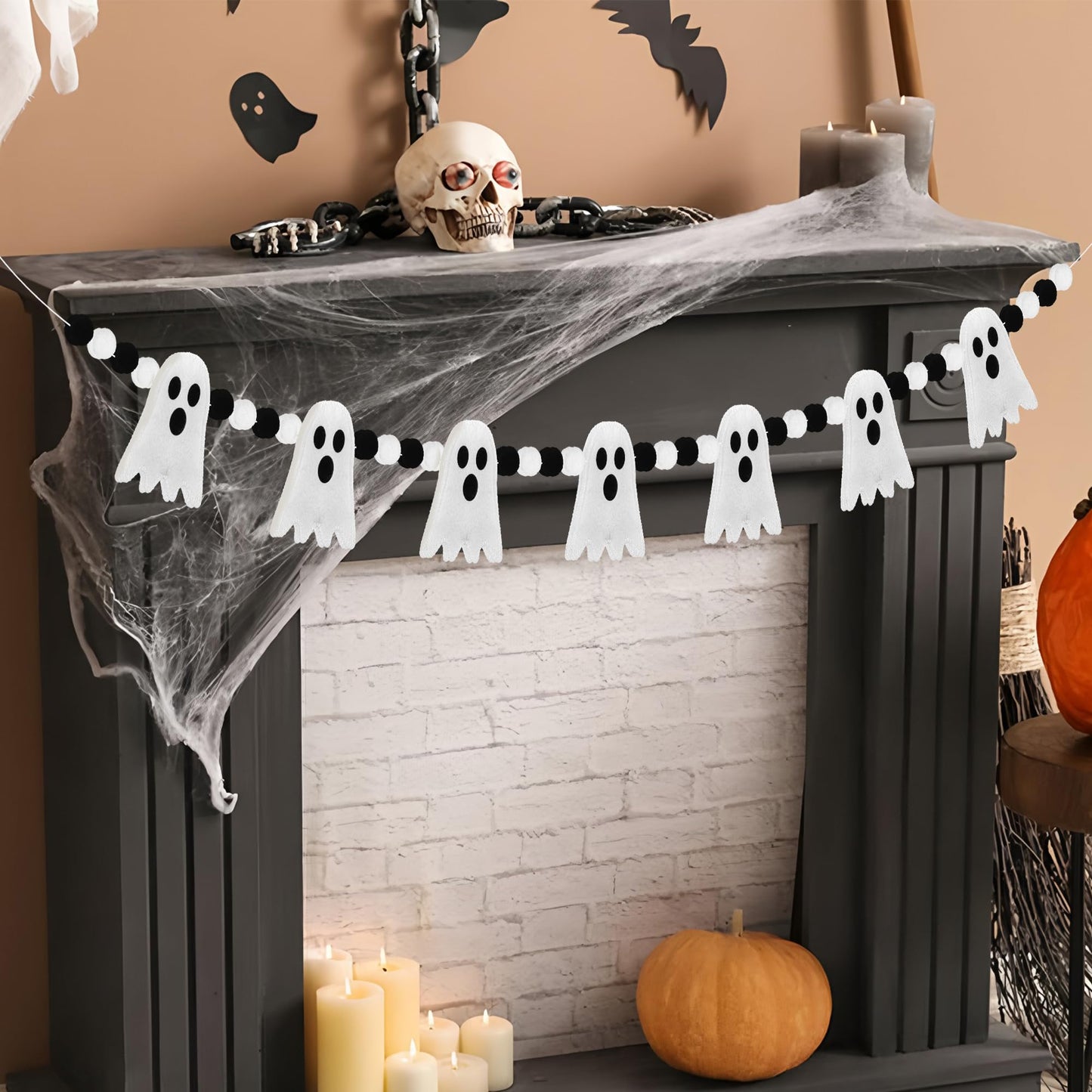 8.2 Ft Halloween Garland Cute Ghost Felt Garland 3D Ghost Hanging Banner White Black Pom Pom Ball Banner Felt Ghosts Hanging Decorations for Halloween Fireplace Mantle Window Home Party Decor
