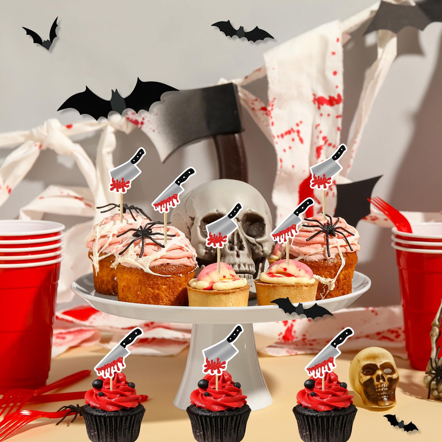 Vlipoeasn Have a Killer Birthday Decorations, Black Red Halloween Birthday Glitter Banner, Balloons, Blood Knife Cake Toppers for Halloween Decorations Supplies, Horror Backdrop Party Decor
