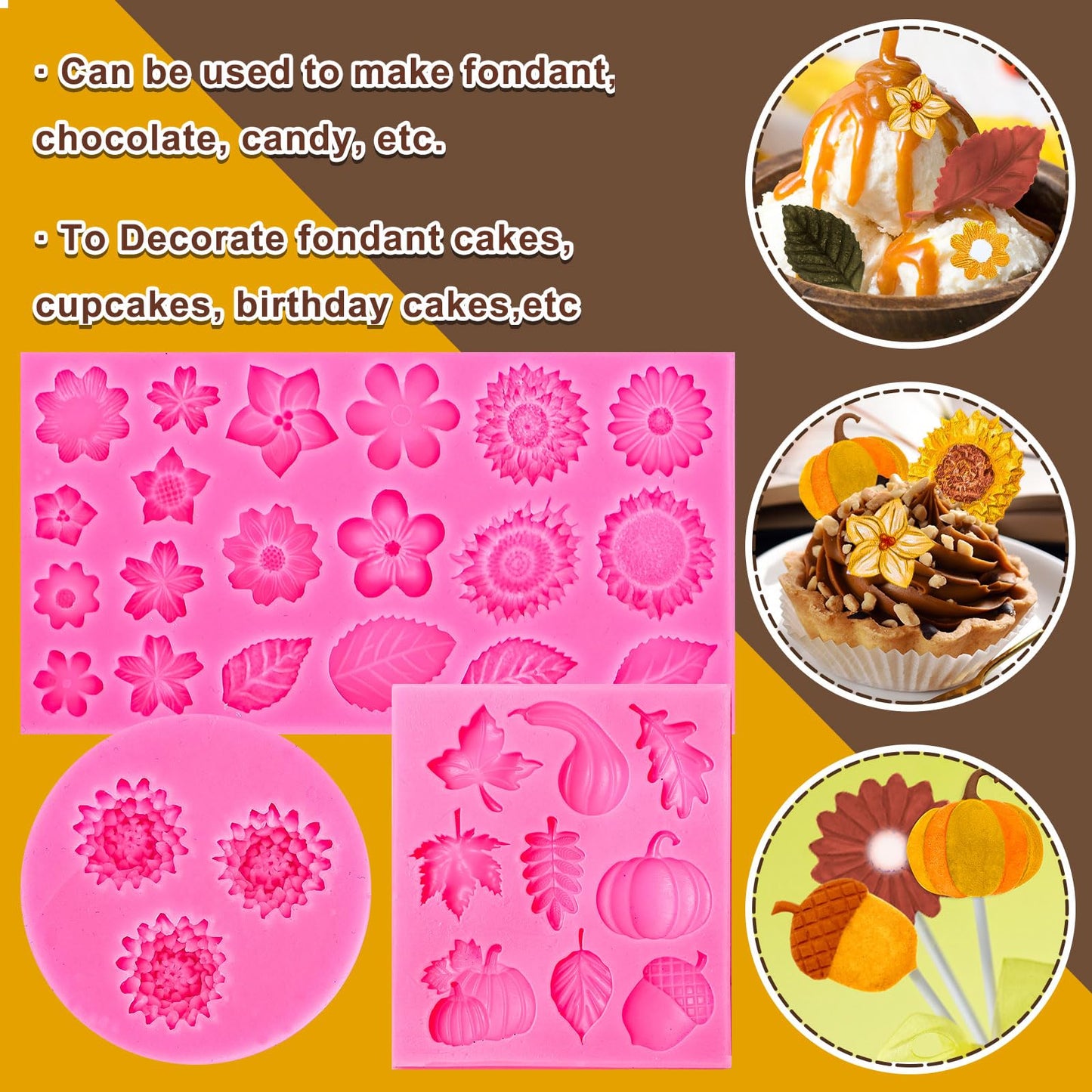 Whaline 3Pcs Fall Fondant Molds Fall Floral 3D Silicone Moulds Pumpkin Maple Leaf Flower Pine Cone Pattern Resin Molds Autumn Cupcake Cookie Candy Baking Moulds for Fall Thanksgiving Party DIY Crafts