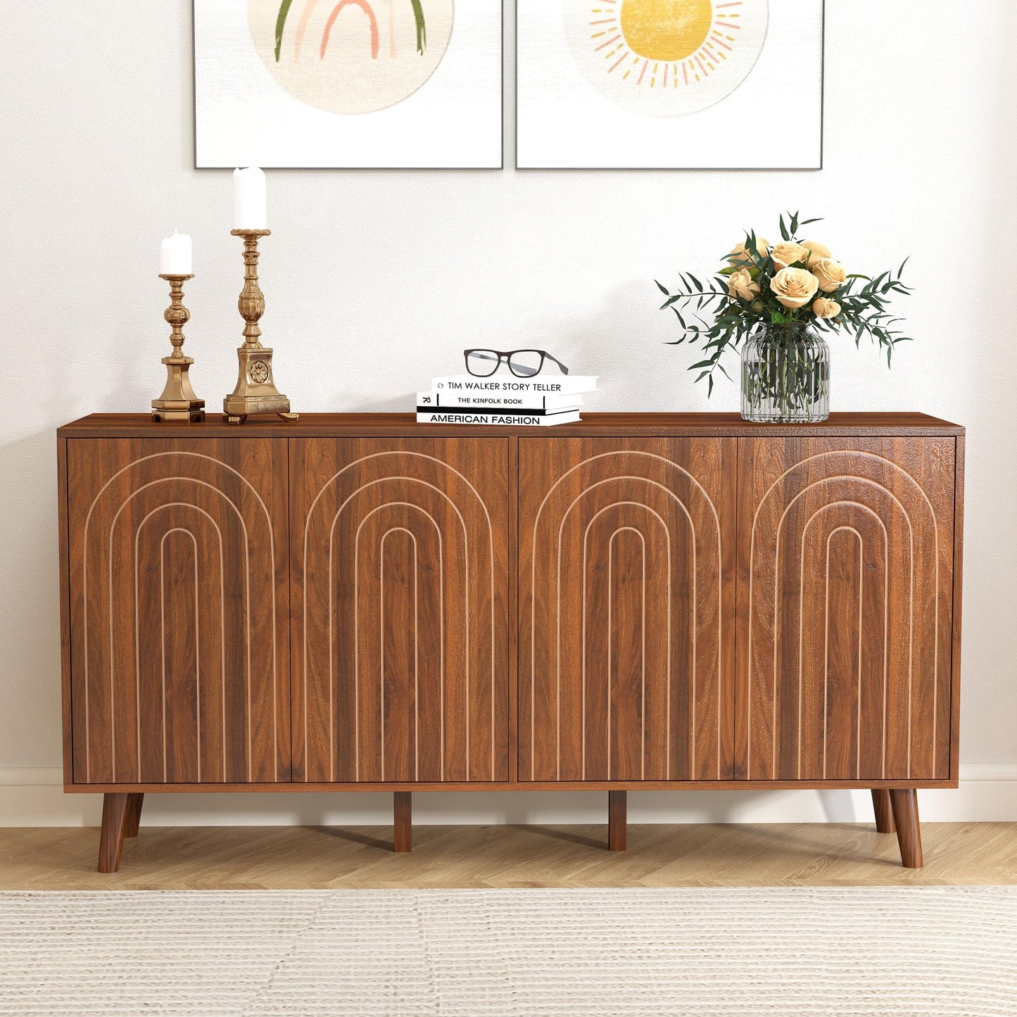 weselon 59" Buffet Cabinet with Storage, Modern Accent Sideboard Storage Cabinet with 4 Doors & Carving Lines, Wooden Coffee Bar Table Console for Living Room Kitchen Office and Hallway (Walnut)