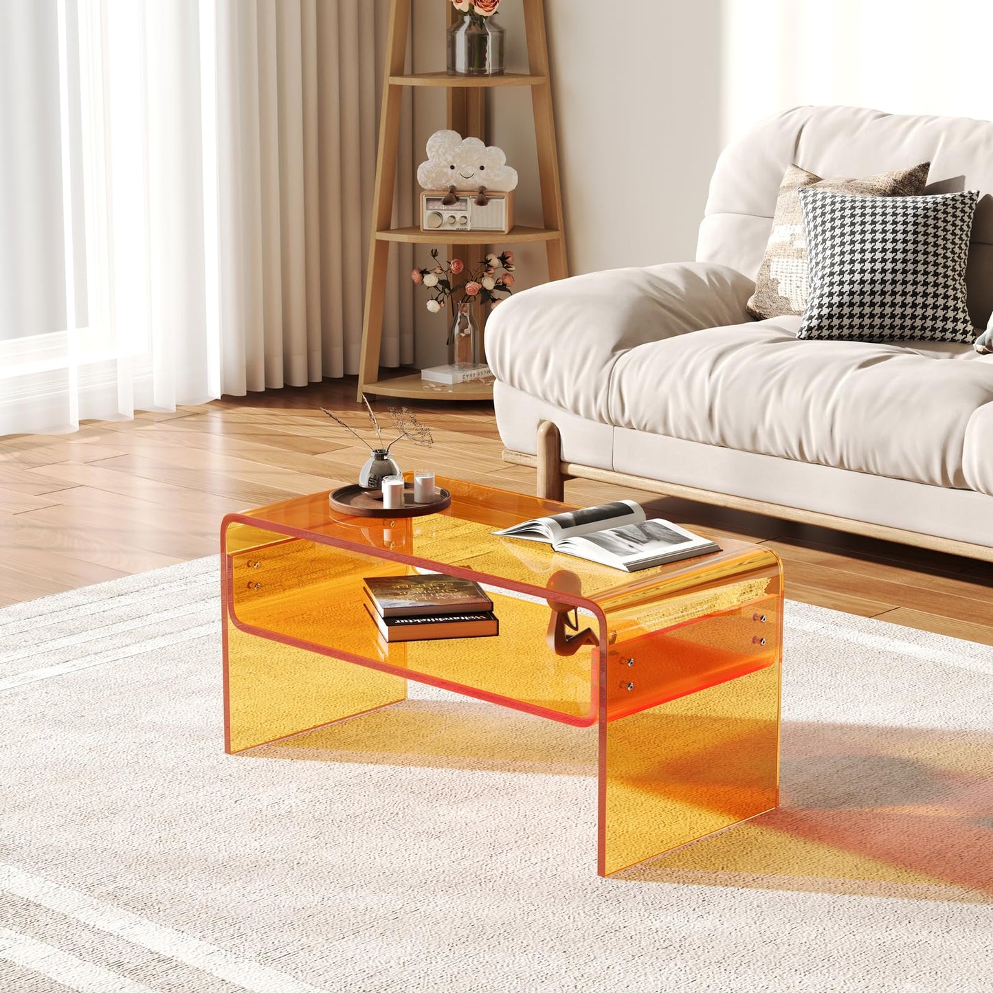 XOHYW Acrylic Coffee Table, Orange Rectangle Acrylic Side Table Furniture, Modern Tea Table with Open Storage, Acrylic End Table for Living Room, Office Reception and Bedroom