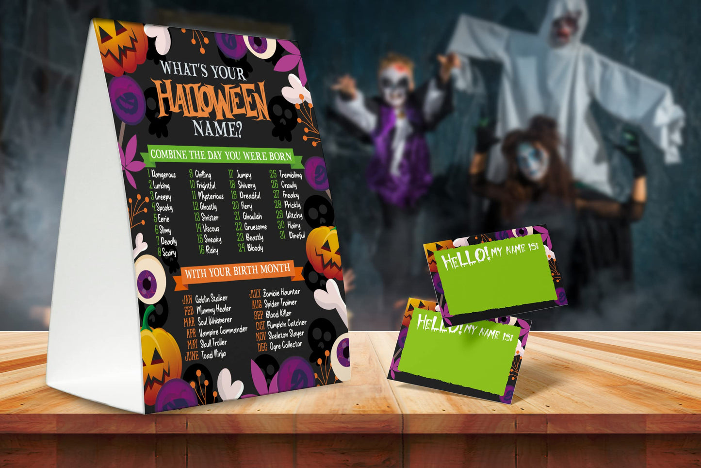 What's Your Halloween Name Game (1 Standing Sign + 50 Name Sticker Cards), Halloween Birthday Party Decorations, Halloween Party Game, Halloween Sign - MGJ10