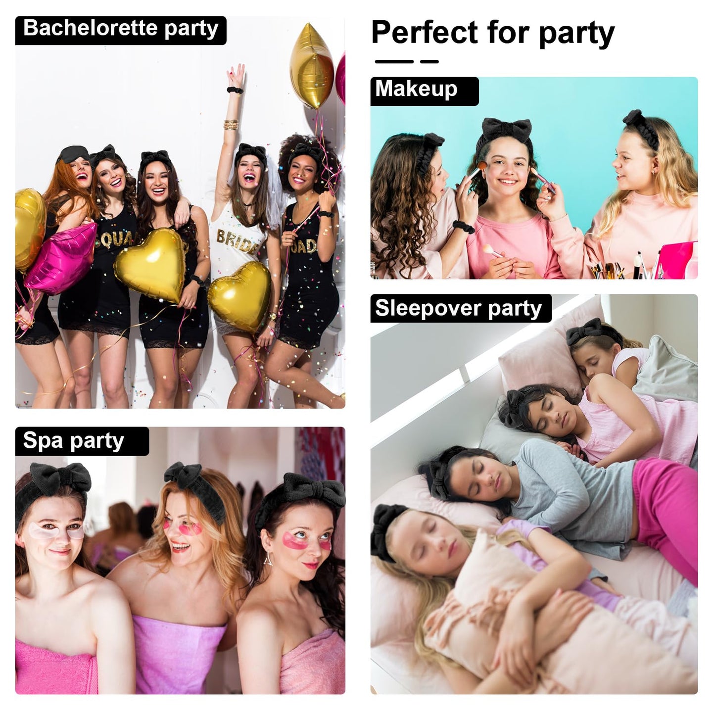 WHAVEL 18 Pcs Sleepover Party Supplies for Girls - Sleepover Party Favors Include 6 Spa Headband, 6 Silk Eye Mask and 6 Velvet Scrunchies for Spa Birthday, Bachelorette, Slumber (Black)