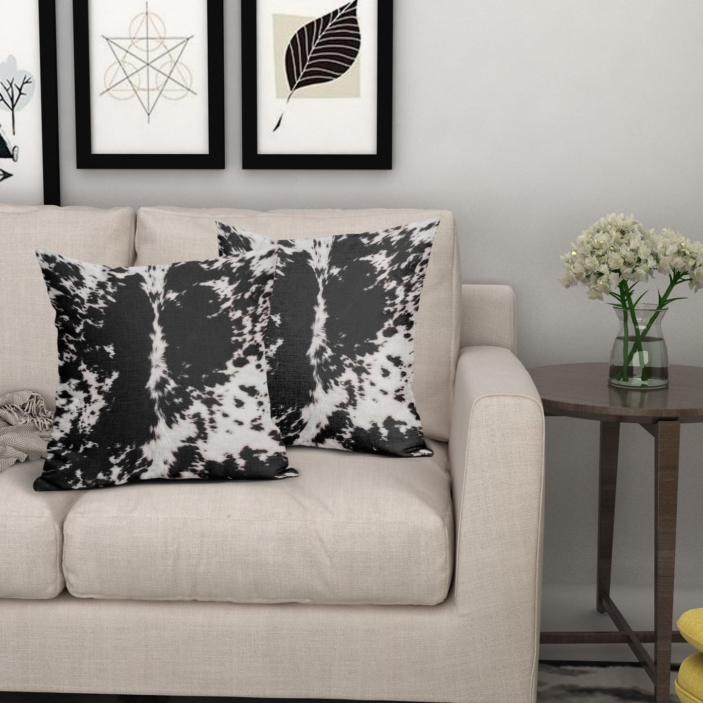 Western Cowhide Print Pillow Covers 18X18 Inch Set of 2 Black White Cow Spots Decorative Pillow Cases Farmhouse Pillowcase Cotton Linen Cushion Case Rustic Home Decor for Couch Sofa Porch Outdoor