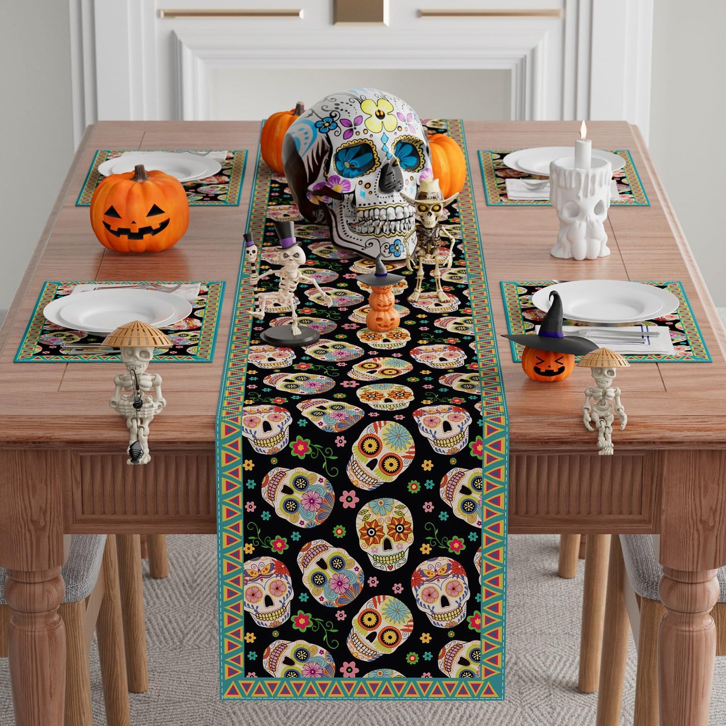 XCHI Sugar Skull Flowers Dia De Los Muertos Table Runner Day of The Dead Mexican Table Decoration for Home Kitchen Dining Holiday Fiesta Themed Party Decor 13x72 Inch