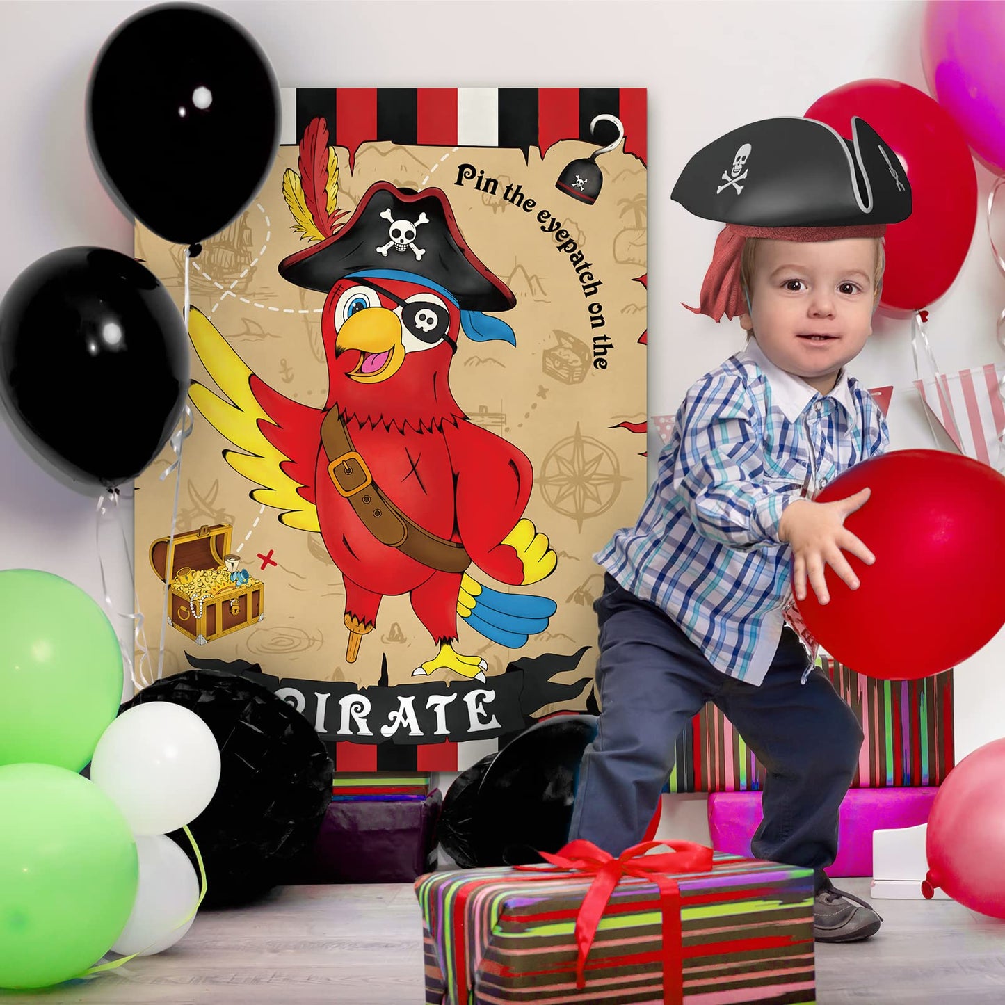 WERNNSAI Pin The Eye Patch on The Pirate - Kids Birthday Party Games Pirate Party Decorations for Kids Boys 28'' x 21'' Parrot Poster with 24 PCS Stickers Halloween Birthday Party Favor