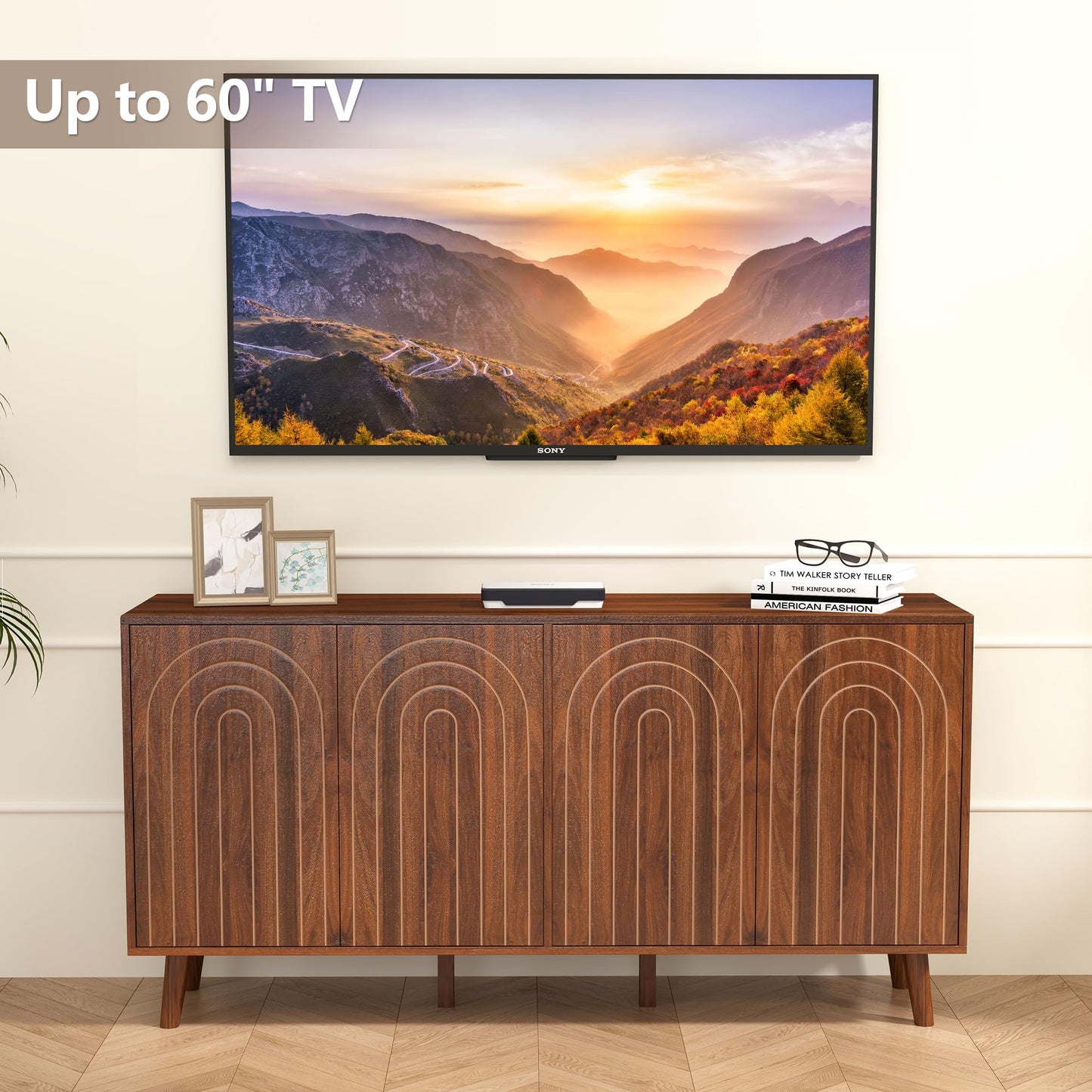 weselon 59" Buffet Cabinet with Storage, Modern Accent Sideboard Storage Cabinet with 4 Doors & Carving Lines, Wooden Coffee Bar Table Console for Living Room Kitchen Office and Hallway (Walnut)
