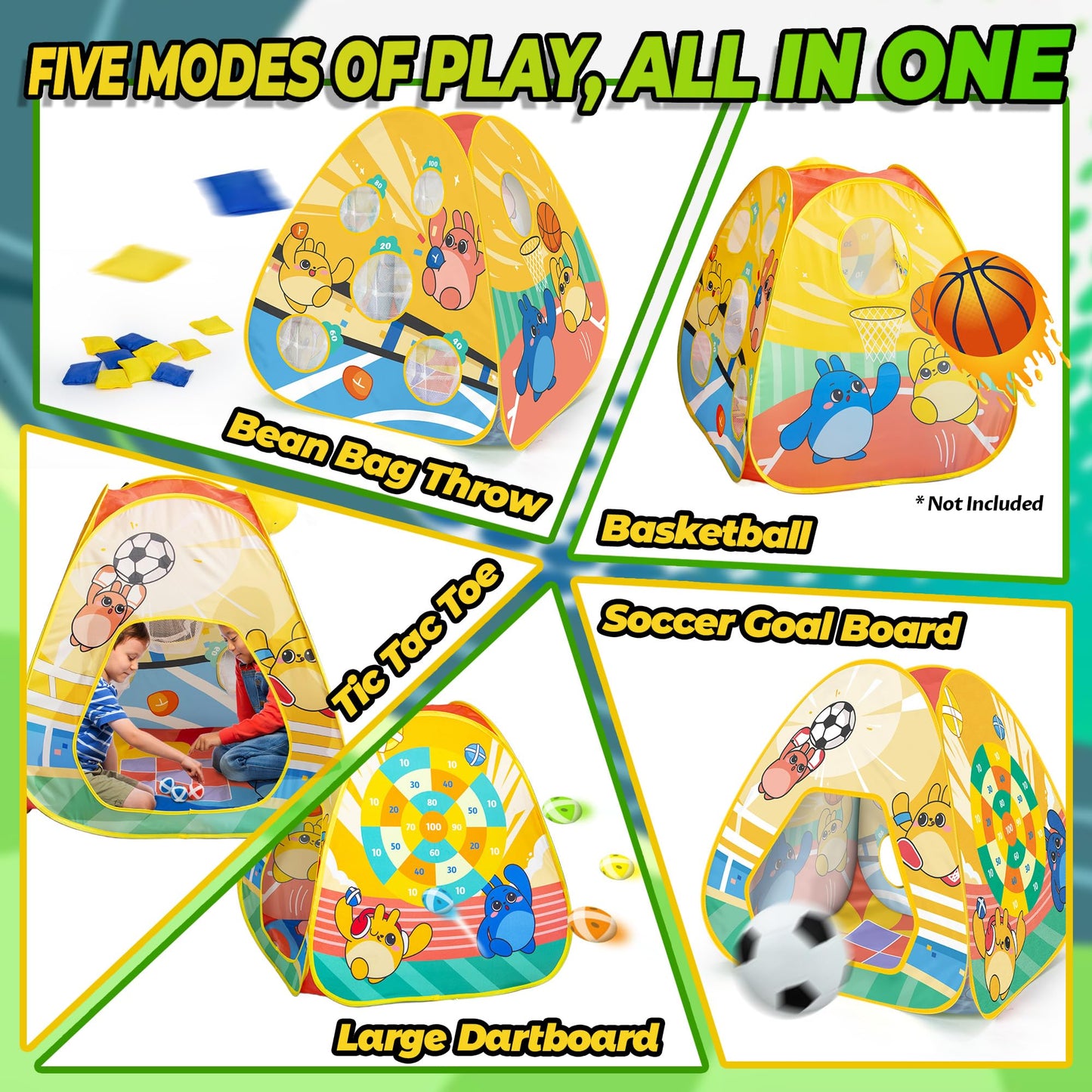 5-in-1 Kids Play Pop Up Tent with Bean Bag Toss Game Outdoor Toys, Tic Tac Toe, Dartboard,Soccer, Basketball, Carnival Outside Combo Set for Backyard Beach Lawn Party Fun, Birthday Gift for Boys Girls