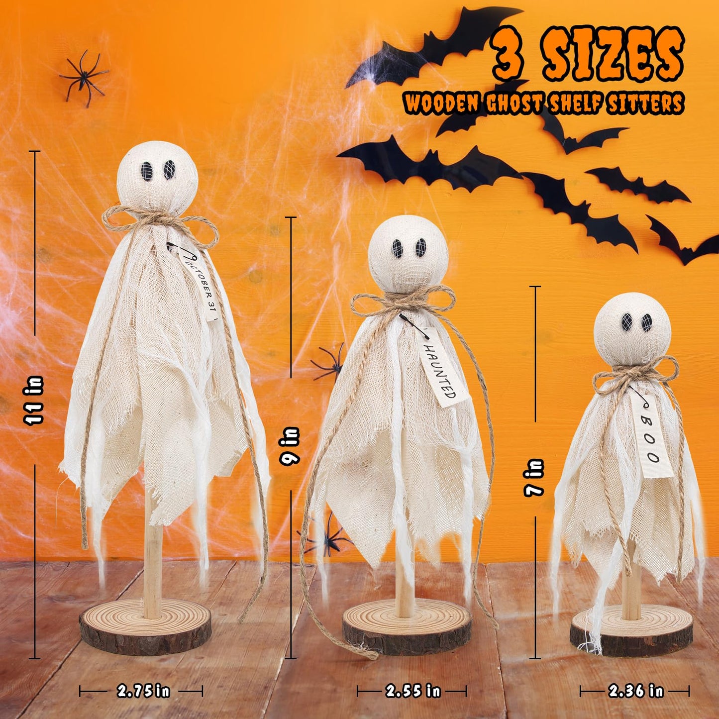 Wooden Ghost Halloween Decorations Indoor– Set of 3 Sizes Rustic Shelf Sitters with Fabric Ghost Figures – Halloween Table Decor for Tiered Tray, Mantel, Halloween Party Supplies(White)