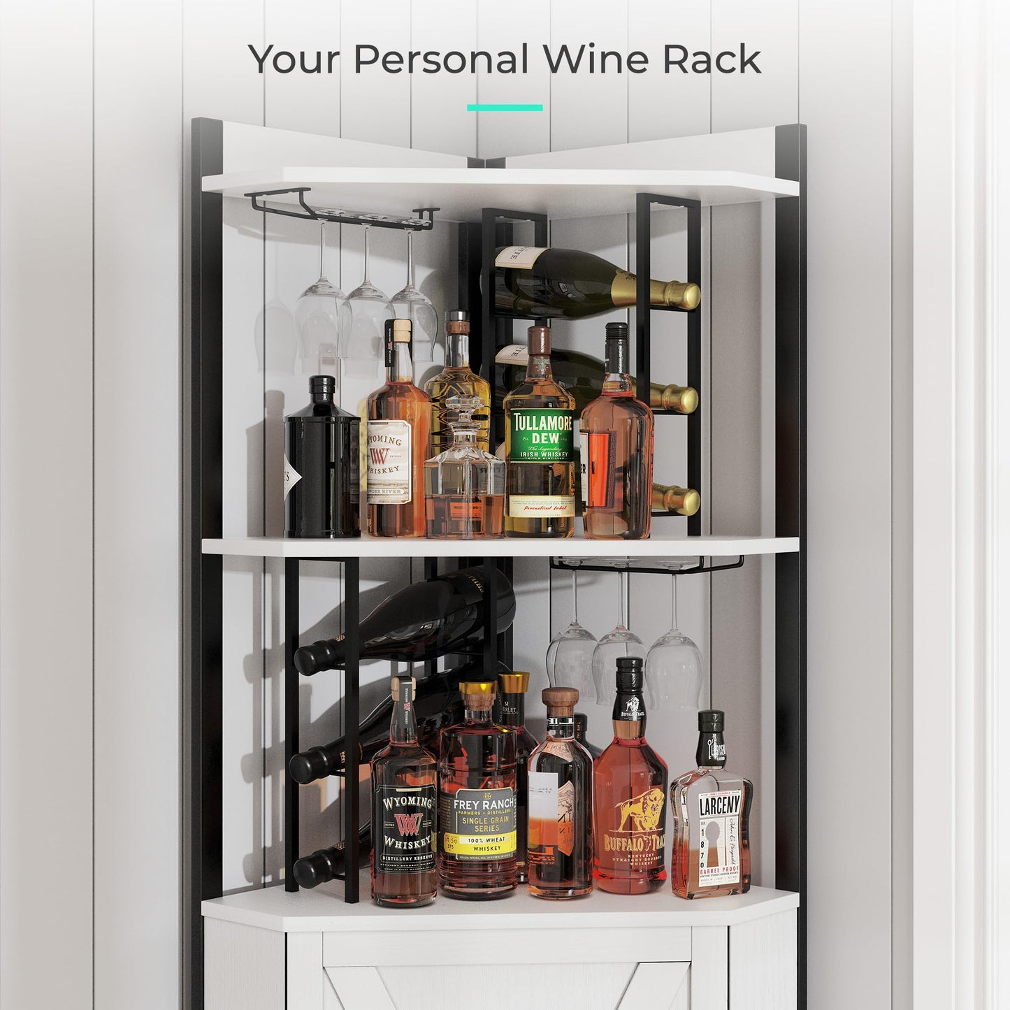 Vividwood 63” Tall Corner Bar Cabinet, Farmhouse Liquor Cabinet with Wine Rack (Holds 50+ Bottles), Glass Holder, Adjustable Shelves & Barn Door, Home Bar for Living Room/Kitchen, Ivory White