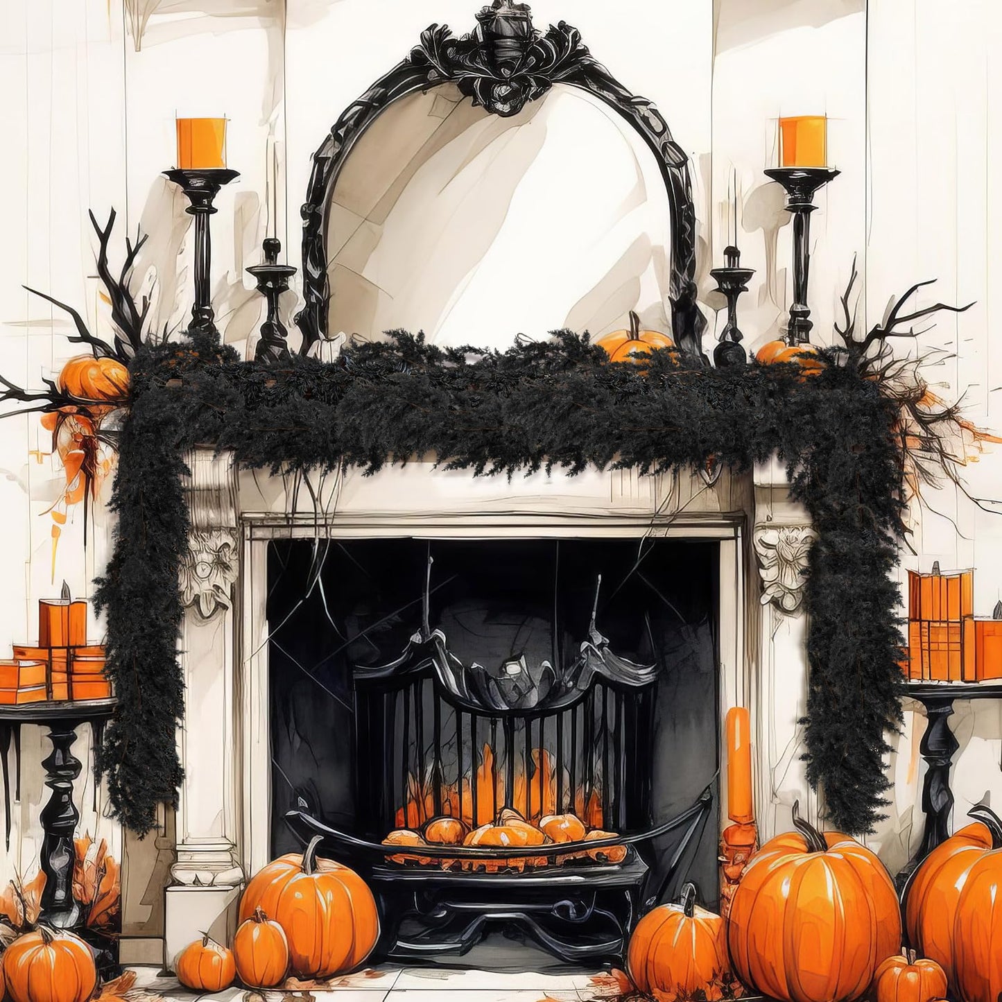 XunYee Black Halloween Garland 6 Feet Cedar Garland Artificial Faux Trailing Realistic Summer Halloween Hanging Vine Twigs for Thanksgiving Party Mantel Fireplace Wedding Outdoor Indoor Home Decor