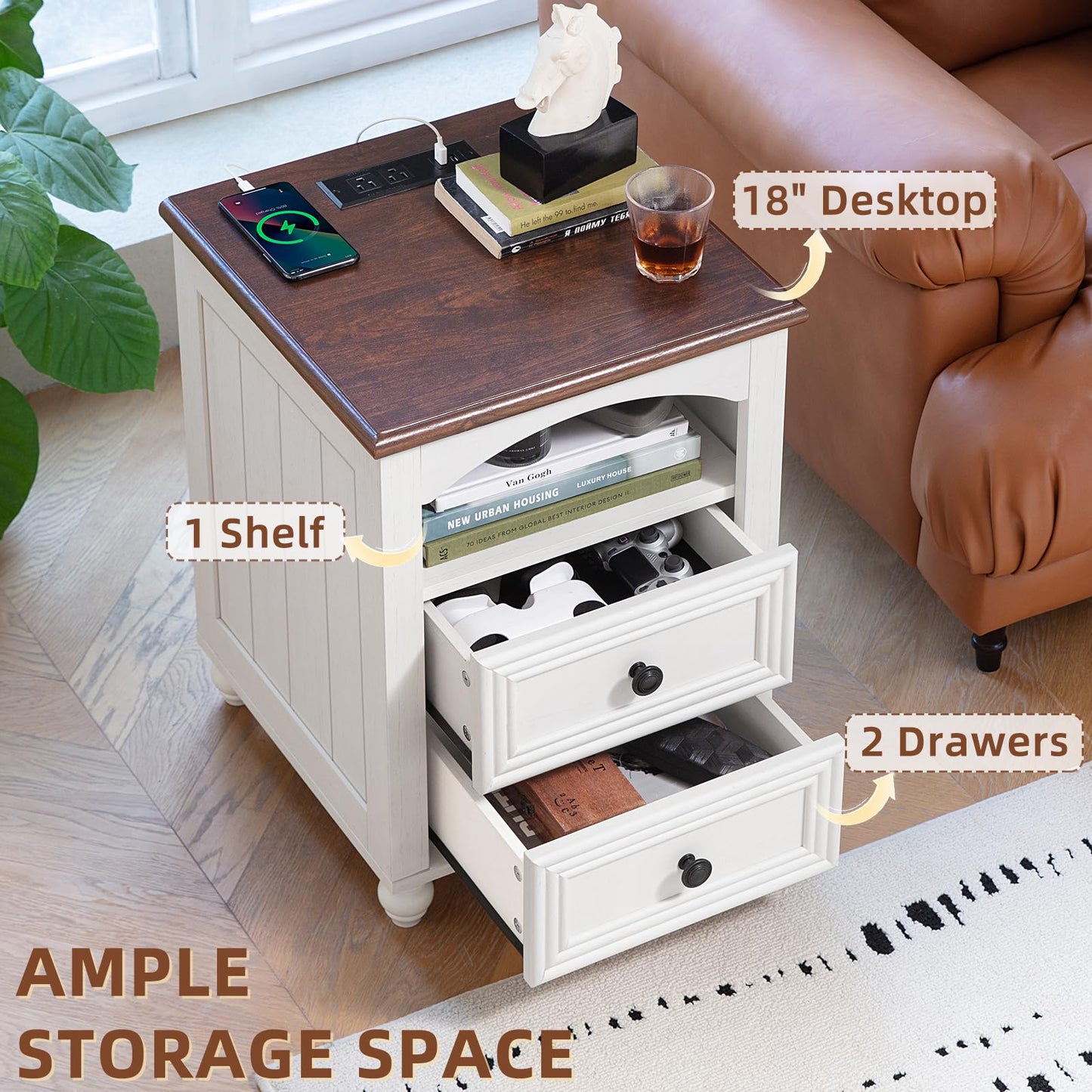 18" Farmhouse Night Stands Set of 2 with Charging Station, Wooden Nightstand with 2 Drawers, Bedside End Table with Storage, Bed Side Tables Cabinet for Bedroom, Living Room, and Closet(White)