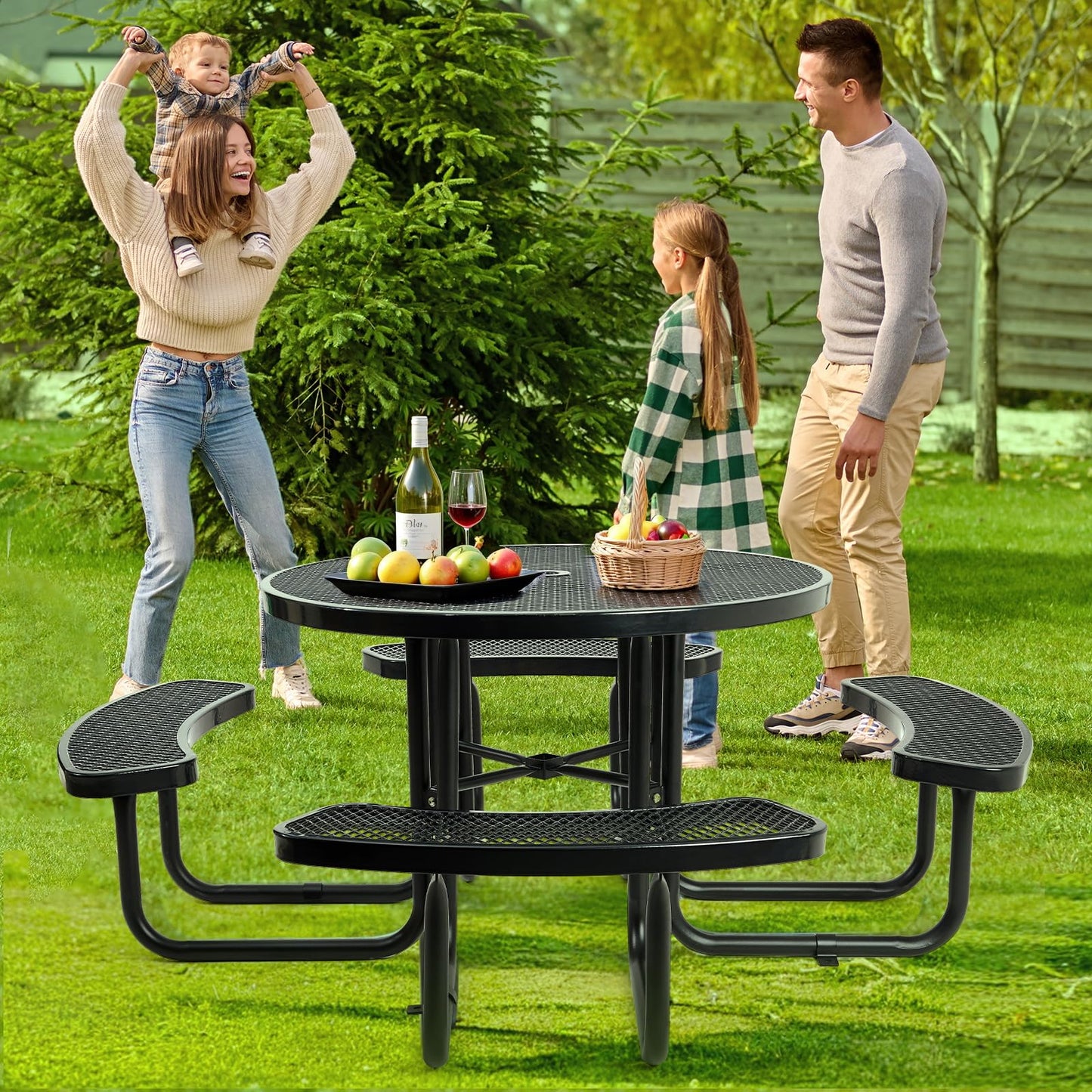46" Round Top Outdoor Picnic Table Set for Up to 8 Persons, Outside Table Set with 4 Built-in Benches, Metal Commercial-Grade Dining Furniture with Umbrella Hole for Garden, Backyard, Porch, Patio