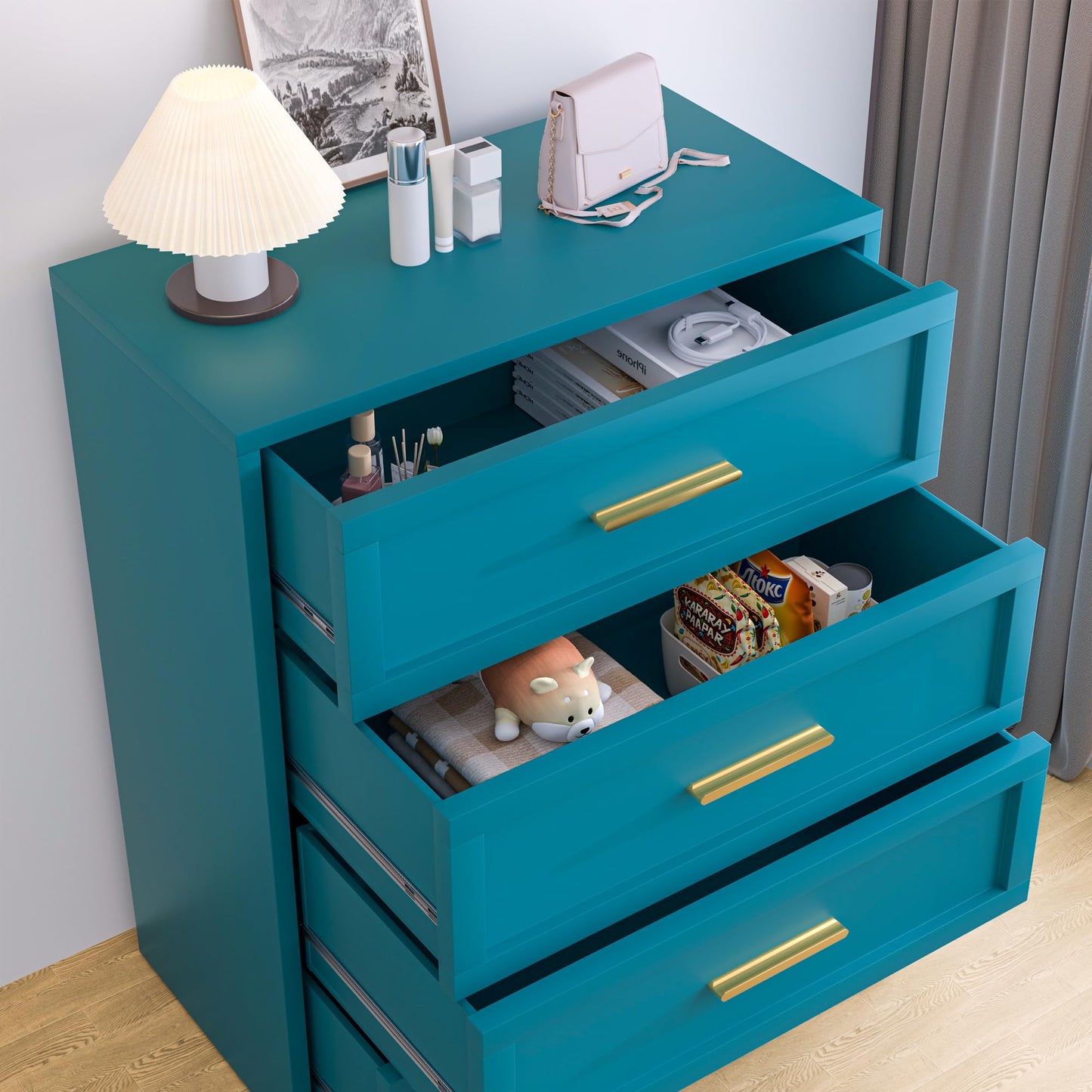 Washsemba Metal 4 Drawer Dresser,15.8" D x 31.5" W x 39.25" H,Home Peacock Blue Dresser for Bedroom,Storage Cabinet with 4 Drawers,Tall Dresser,Entryway, and Closet.Peacock Blue