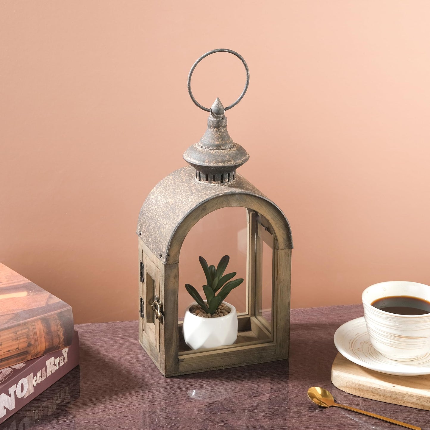 12" High Wooden Dome Lantern Made of Solid Fir Wood and Real Glass in Rustic Brown Finish with Rustic Metal Top, Hurricane Lantern, Farmhouse Lantern (1, Brown, Small)