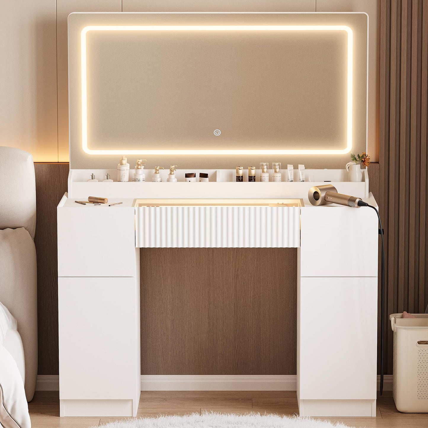 44" Vanity Desk with Large Mirror and Lights, Modern Glass Top Makeup Vanity Set with Power Outlet, 3 Drawers and 2 Cabinet, 3 Lighting Color Adjustable Dressing Table for Bedroom,Pure White